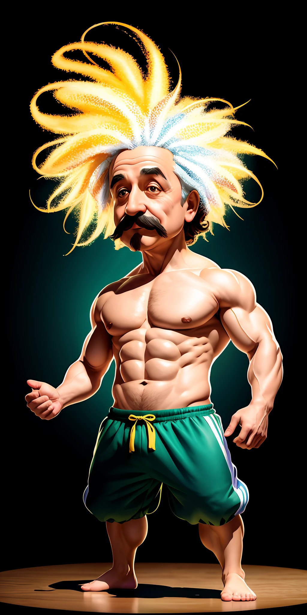Albert Einstein Character Portrait, Standing On Stage, Side Profile, Shirtless Gym Fitted Body, Caricature, Chibi, Kawaii, 3D Rendering, Octane Rendering, Volumetric Light, Victorian Style, Metallic, Highly Detailed Symmetrical Face, Eyes detailed, ultra sharp, high quality, art by Anja Millen and George Cruikshank and Bordalo II, soft, sharp focus, trending artforum, hd behance, children's storybook style, soft colors, watercolor style