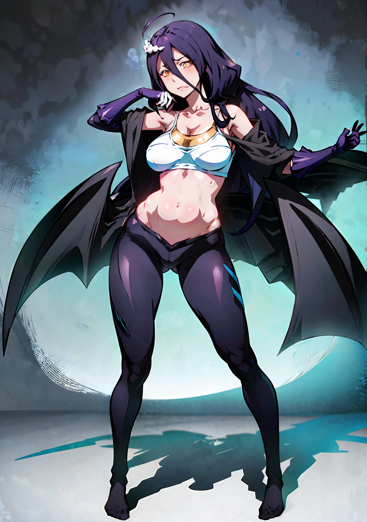 Overlord Albedo in calvin klein clothing, Albedo,costume: calvin klein clothing, sportswear, leggings, sports bra, holanders angle, full body,seductive anime girl, Joy Ride art style, cat eyes, fit body, gynoid body, perfect body, big breasts, Ilya Kuvshinov, Anime Moe Artstyle,gym, pants, fl4r3, pawgfc, fashion photoshoot