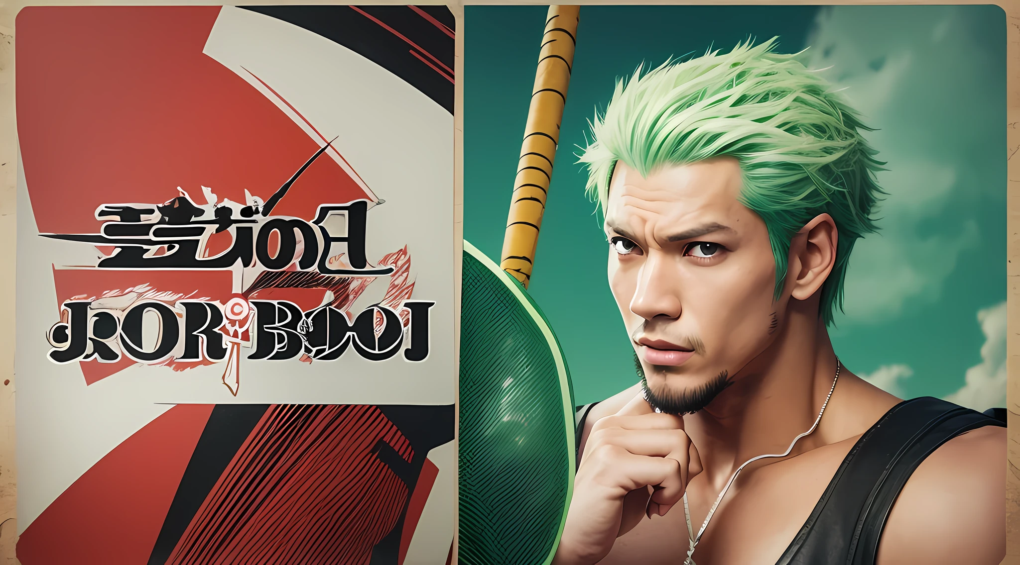 Create a banner based on Zoro from One Piece, highlighting a written sign (Joy Boy Oficial), anime style, manga, full body, anime dash, background written Joy Boy Official --auto --s2