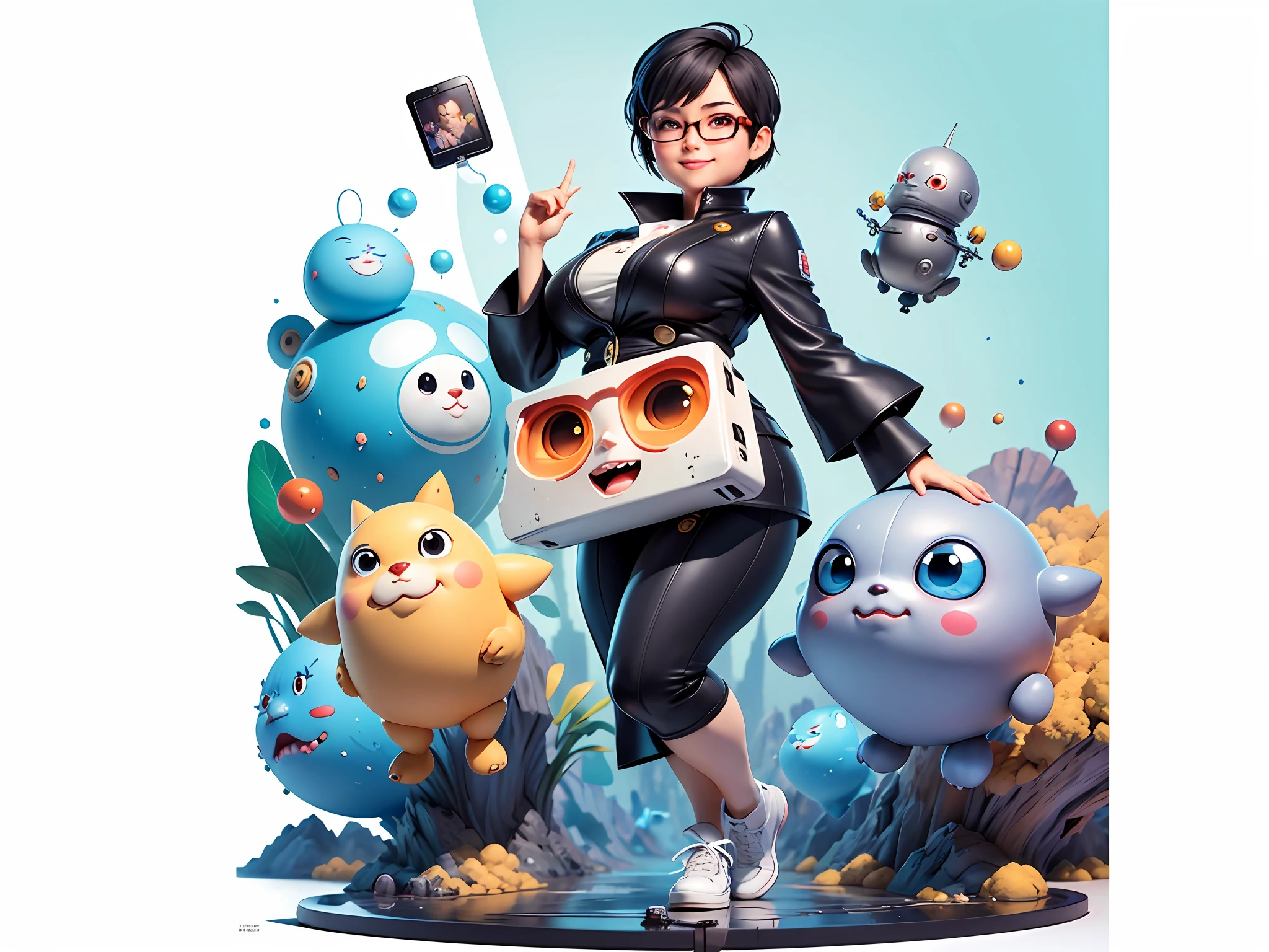 Masterpiece), (Excellent), (Super Meticulous), (Full Body: 1.2), Super Young Woman, Beautiful, Sexy, Bursting, Oriental Face, TV Anchor, Bust Portrait Illustration, Alone, Black Suit, Blue Tie, Silver Glasses, Slightly Chubby Face, Very Clean Face, No Beard, Black Super Short Hair, Black Eyes, Confident Smile, 3c Computer Sub-Products, iPad, iPhone, Digital Painting, 3D Character Design by Akira Toriyama with Mark Claireden and Pixar and Hayao Miyazaki, The illustration is a high-definition illustration in 4K resolution with very detailed facial features and cartoon-style visuals.