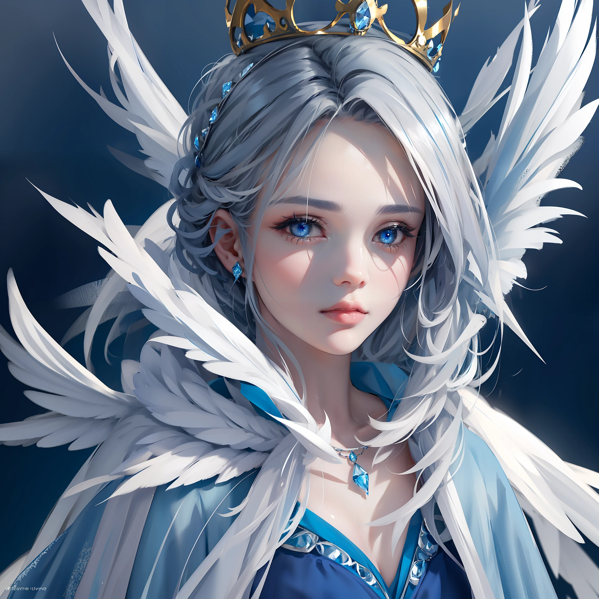 Ultra-clear, fine, feathered, gray hair, blue eyes, crown made of ice on the girl's head, blue dress