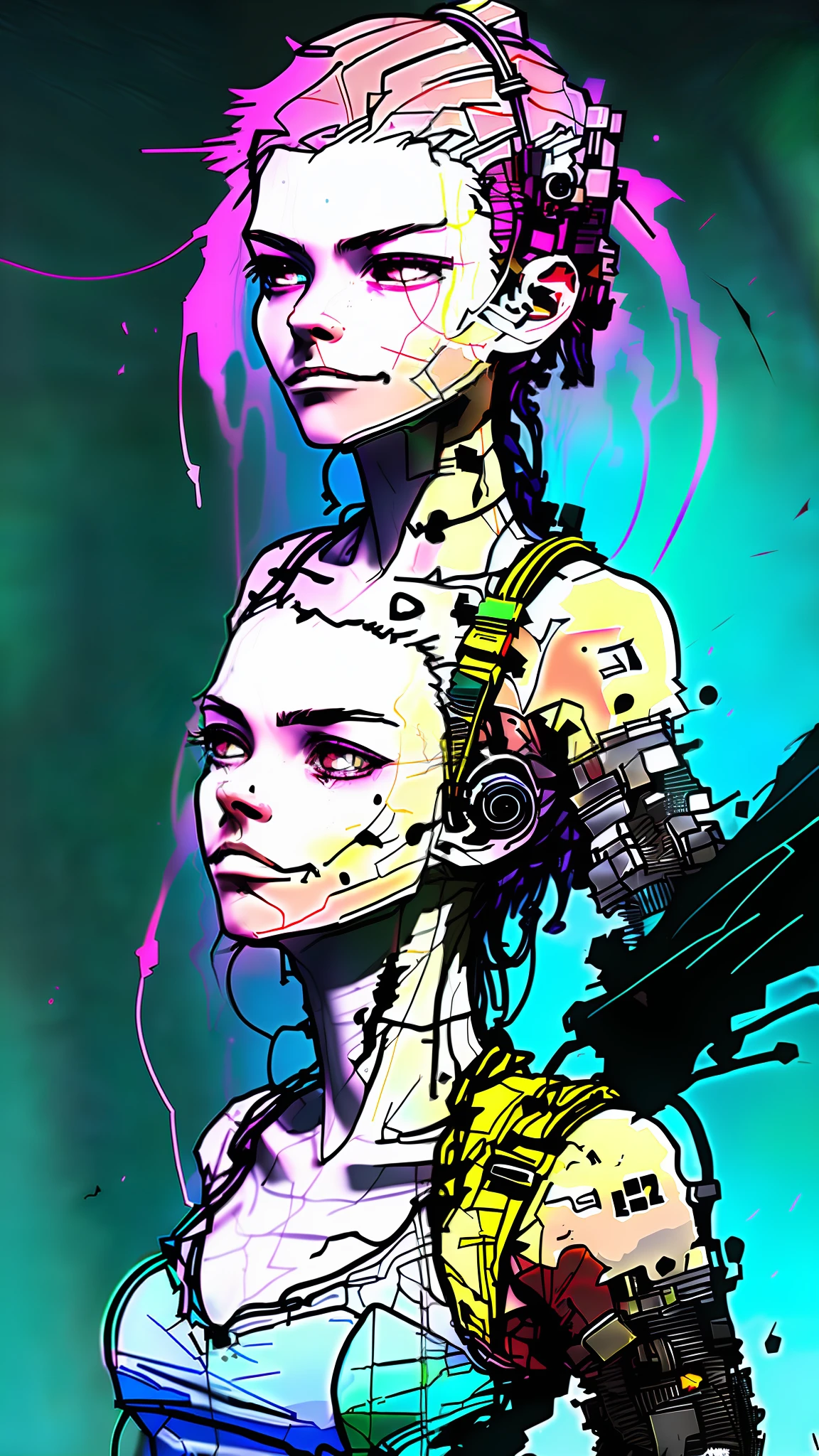 nvinkpunk, A highly detailed portrait of a solo 1girl standing on a street corner, full body photography, during a rainstorm with lightning strikes and a cloudy sky, (neon and cyberpunk city background:1.3), (detailed background:1.3), she is wearing punk clothes with silver chains and silver spikes, she has a butterfly wing hairclip in her wild hair, she has headphones and a necktie on, petite, detailed glowing red eyes with distinct pupils, ominous aura Halo, smile, punk, cyberpunk, backlighting, serious eyes, (iridescent rainbow hair), very long hair, freckles, make-up, (cute1.3), realism, masterpiece portrait, detailed eyes, detailed face, soft lighting, (large angle), HDR, 4k, 8k, masterpiece, best quality, intricate detail, absurdres