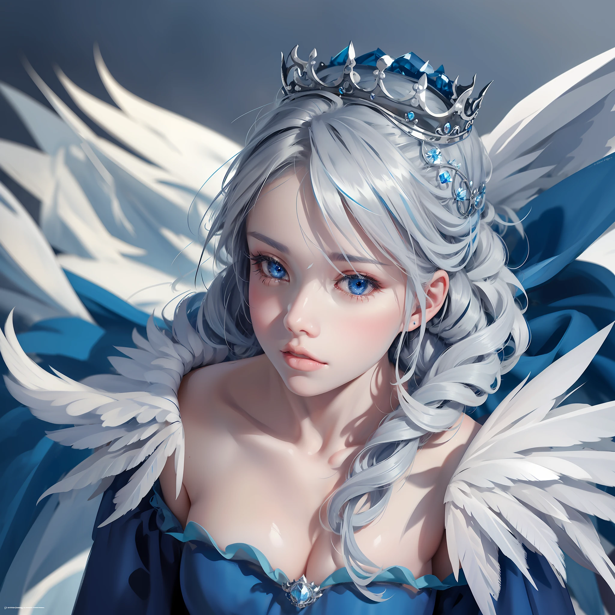 Ultra-clear, fine, feathered, gray hair, blue eyes, crown made of ice on the girl's head, blue dress