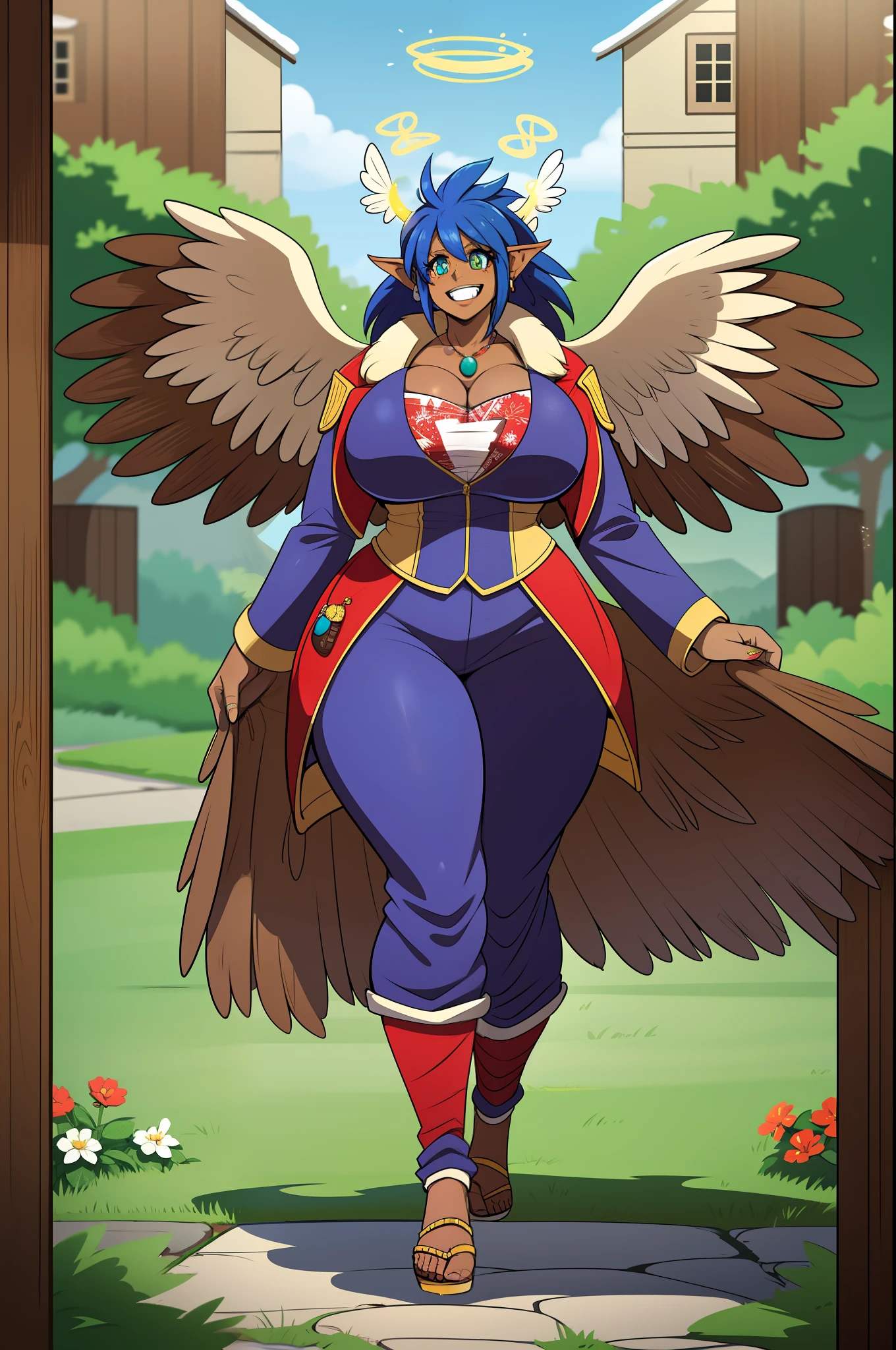 monster girl, dark-skinned woman, big chest, wings, happy,, coat jacket, pants, portrait, 1character, full body, walking, long dress, medieval, village, farm, angel halo, forest,