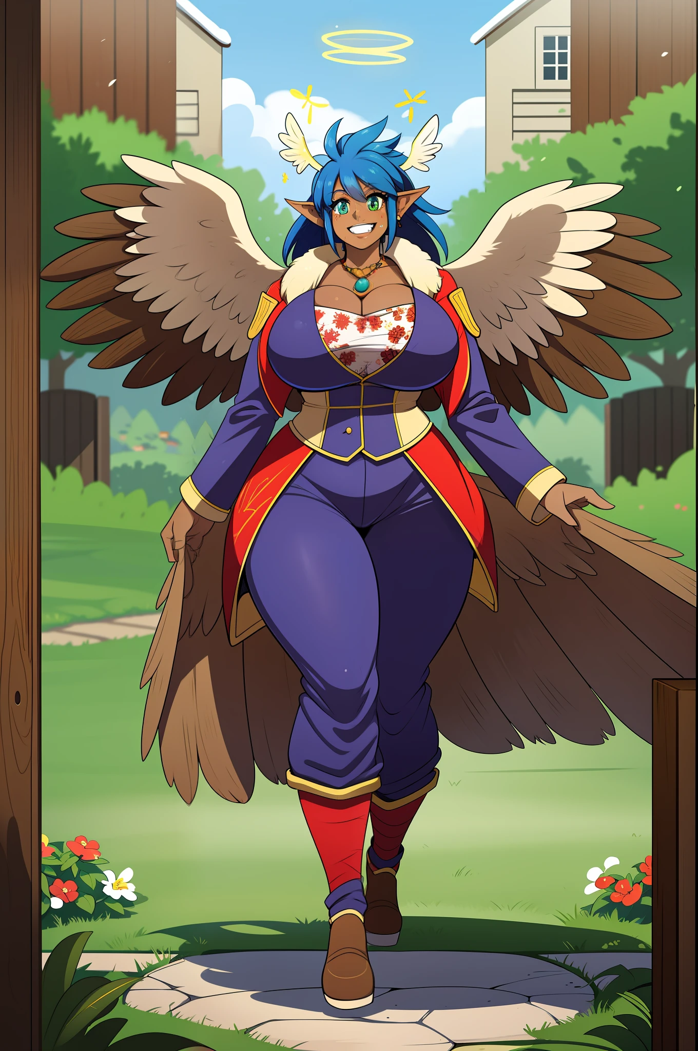 monster girl, dark-skinned woman, big chest, wings, happy,, coat jacket, pants, portrait, 1character, full body, walking, long dress, medieval, village, farm, angel halo, forest,