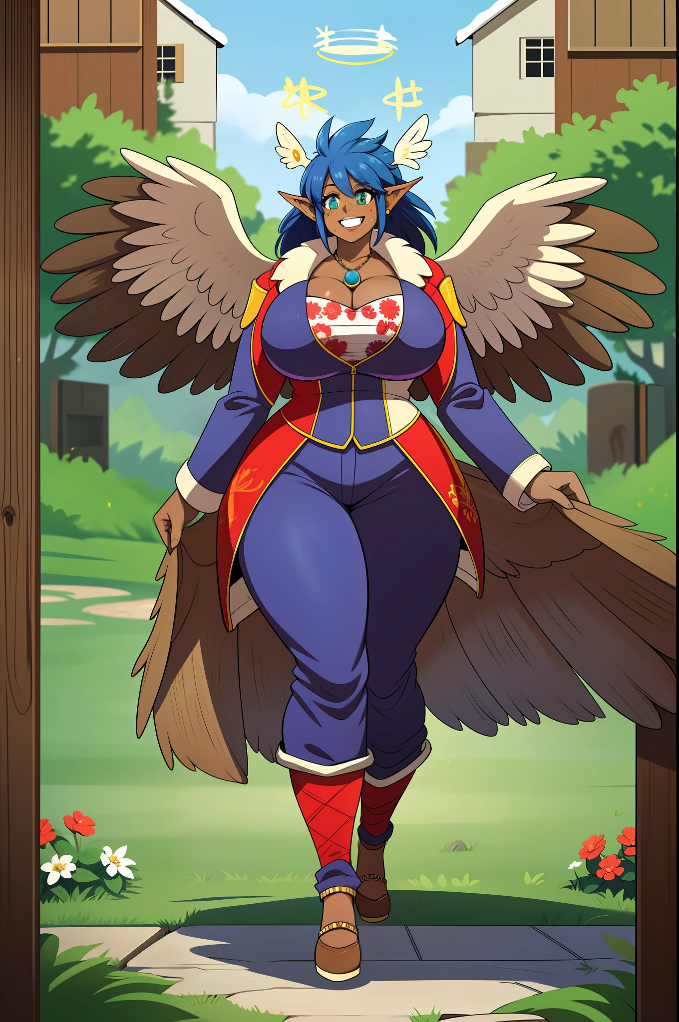 monster girl, dark-skinned woman, big chest, wings, happy,, coat jacket, pants, portrait, 1character, full body, walking, long dress, medieval, village, farm, angel halo, forest,