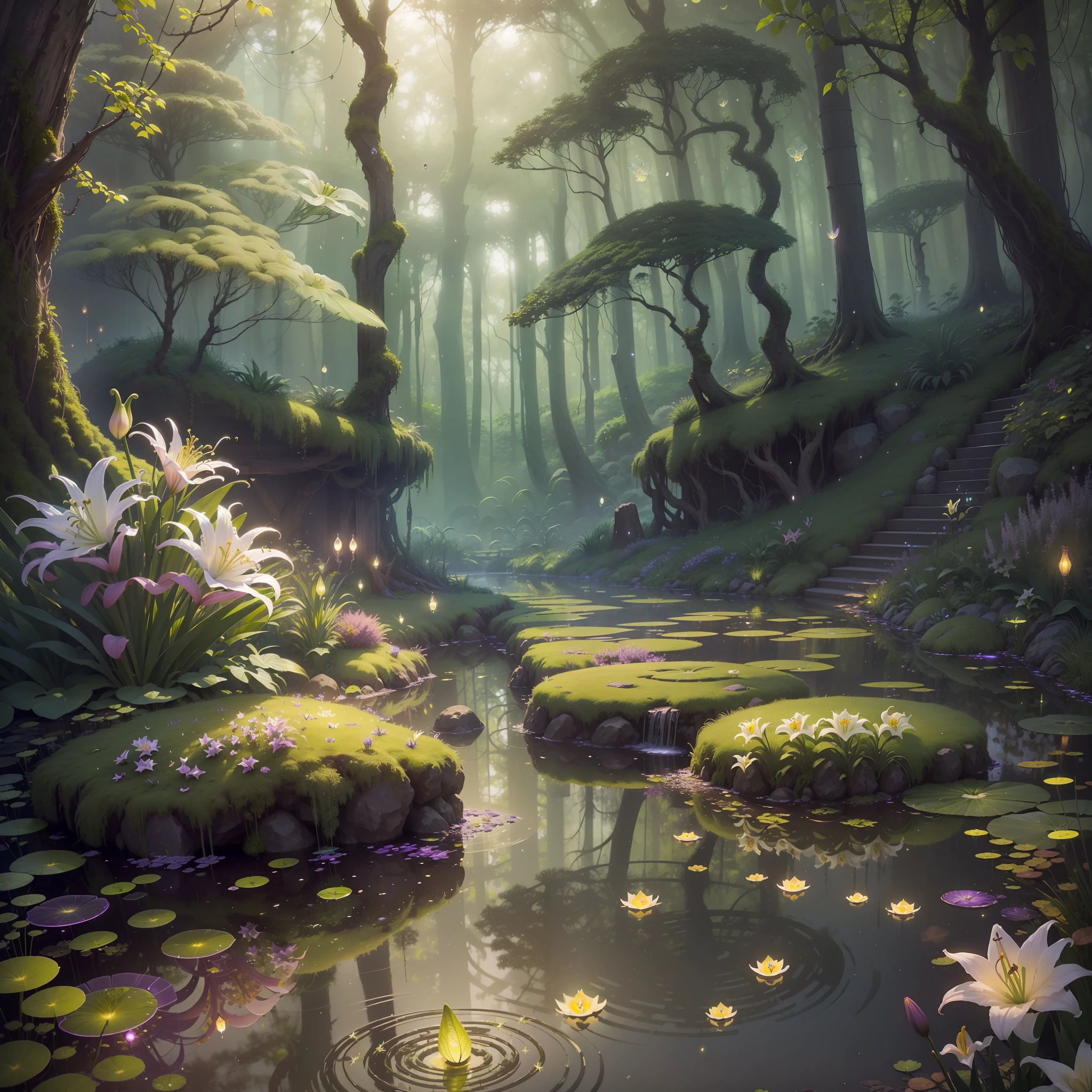 Computer Visualized Graphics, Realistic Fantasy, Extensive Landscape Ultrasound Photography (general view showing glass glass, roots braiding glass, lily garden, snags, moss, fireflies), blurred background, gloomy, yellow, green, purple background, pink, warm, magic