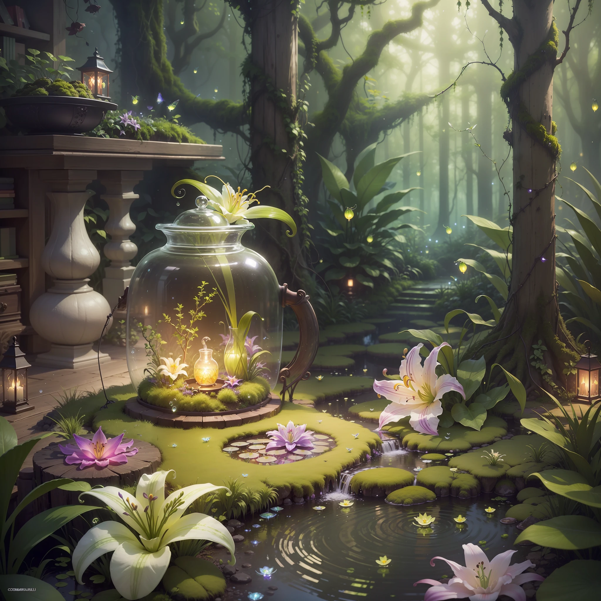 Computer Visualized Graphics, Realistic Fantasy, Extensive Landscape Ultrasound Photography (general view showing glass glass, roots braiding glass, lily garden, snags, moss, fireflies), blurred background, gloomy, yellow, green, purple background, pink, warm, magic