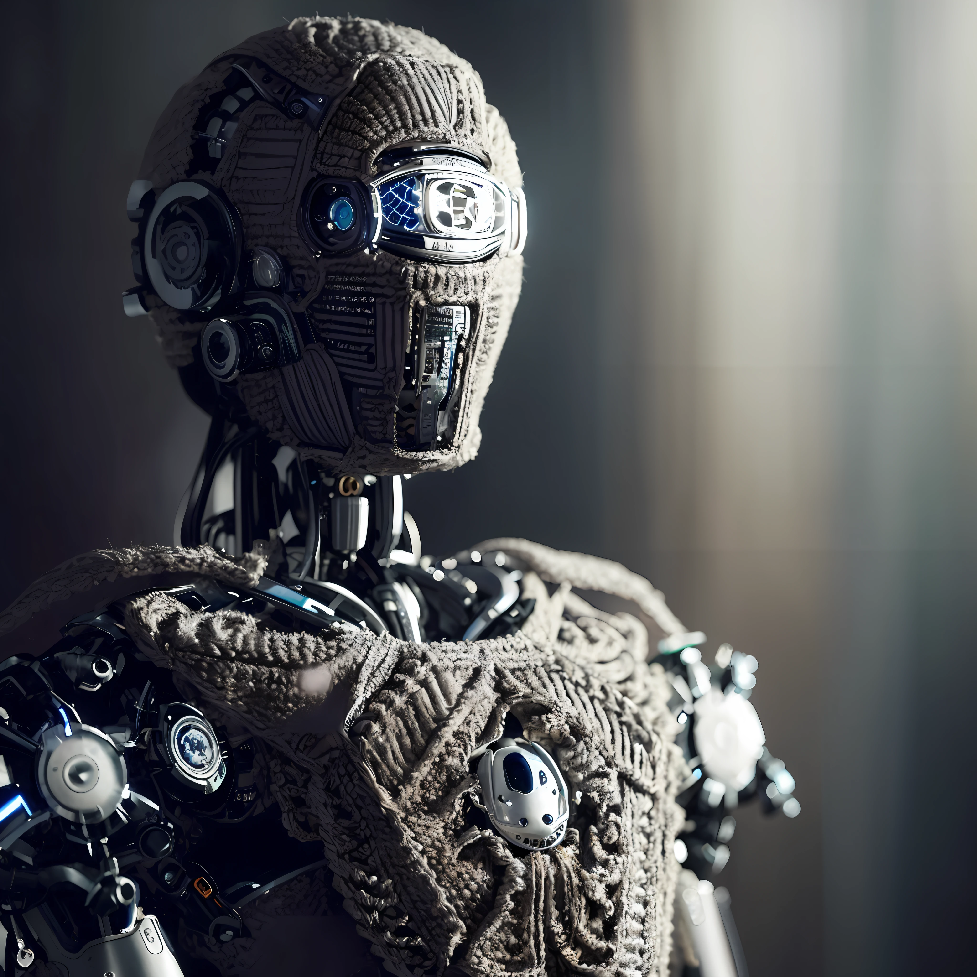 there is a robot with crochet outfit and choche mask that is in the dark, detailed humanoid, cyborg robot, intricate trans-human, strong artificial intelligence, robot with human face, robotic body, futuristic, cybernetic and highly detailed robot, portrait of a futuristic robot, cyberpunk robot, futuristic robot body, close-up of a sitting robot, intricate cyborg, humanoid robot,  fashion photography, fashion