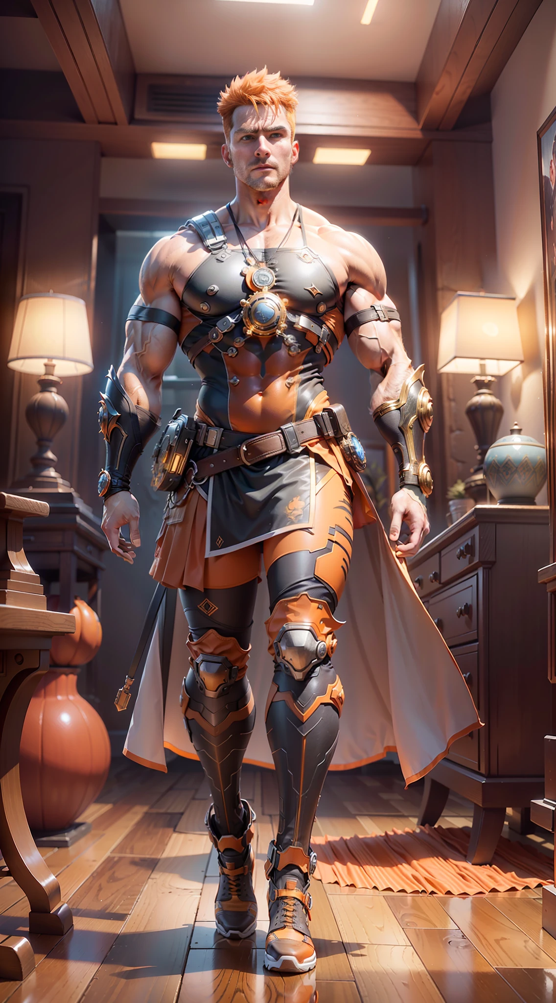 Broken [orange: white: 0.5] theme, (((gradient background: 1.1))),panorama, full body, best quality, masterpiece, super high resolution, (realism:1.4), absurdity, cinema lighting, a strong man, (((muscle lines))), strong, (((human head))), delicate human face, (anatomically correct), ((glowing glow)), short orange hair, orange eyes, (tiger pattern clothing decoration), ((orange shoes)), surrealism, steampunk, Intricate design, extreme detail, fine detail, HDR (High Dynamic Range), Ancient Technology, HDR (High Dynamic Range), Ray Tracing, NVIDIA RTX, Super Resolution, Unreal 5, Subsurface Scattering, PBR Textures, Post-processing, Anisotropic Filtering, Depth of Field, Maximum Clarity and Acutance, Multi-layer Textures, Albedo and Highlight Maps, Surface Shading, Accurate Simulation of Light-Material Interactions, Perfect Ratios, Octane Rendering, Two-tone Lighting, Low ISO, White Balance, Rule of Thirds, wide aperture, 8K RAW, high efficiency sub-pixel, subpixel convolution, luminescent particles, light scattering