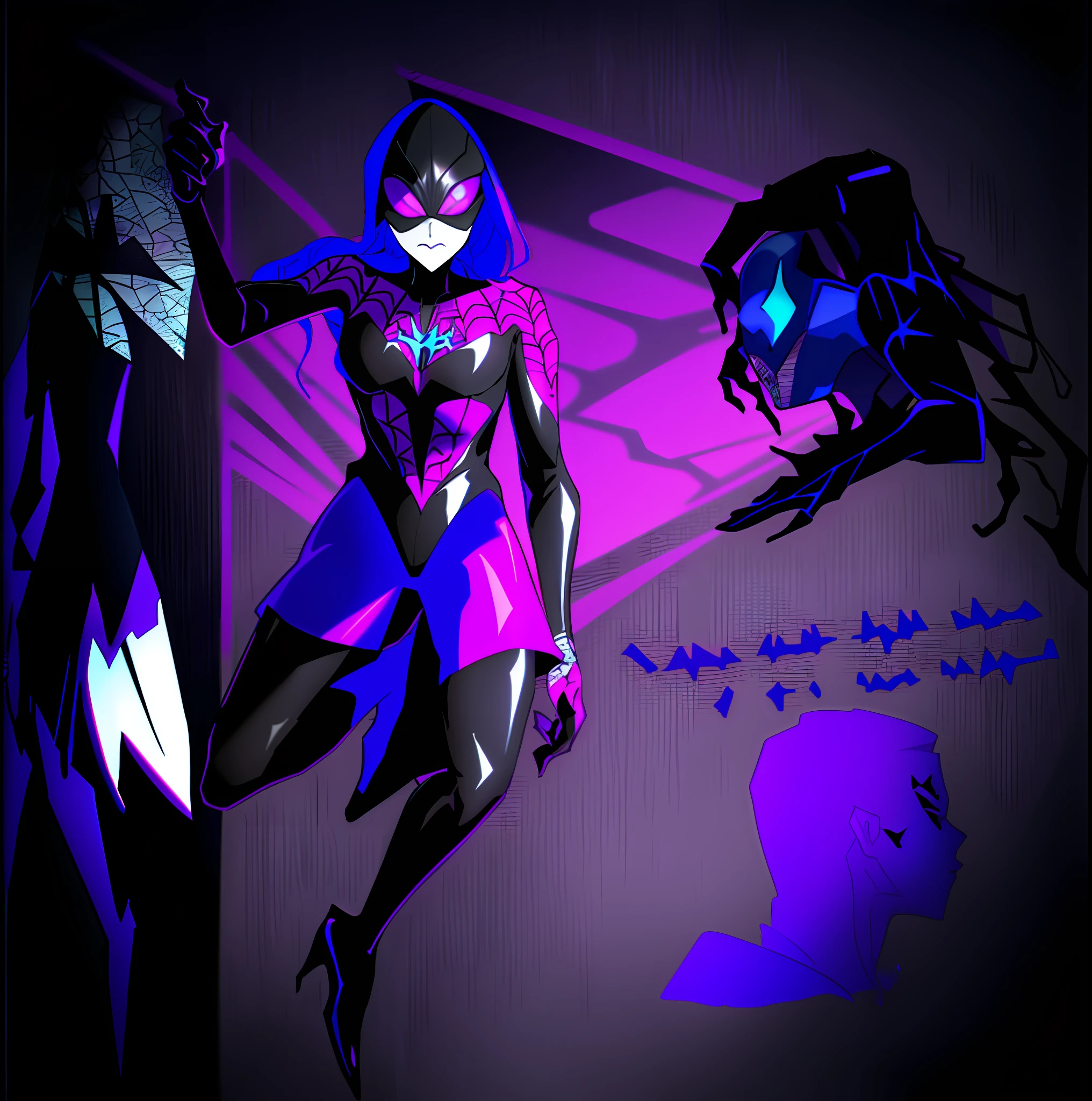 a close up of a person in a black suit and a blue mask, some purple and blue, dark high-contrast concept art, black and blue and purple scheme, chaos nightmare ❄️ amour venom, spider - verse art style, blue and black scheme, ( ( spiderwoman ) ), into the spiderverse, high quality fanart, into the spider verse, violet and black
