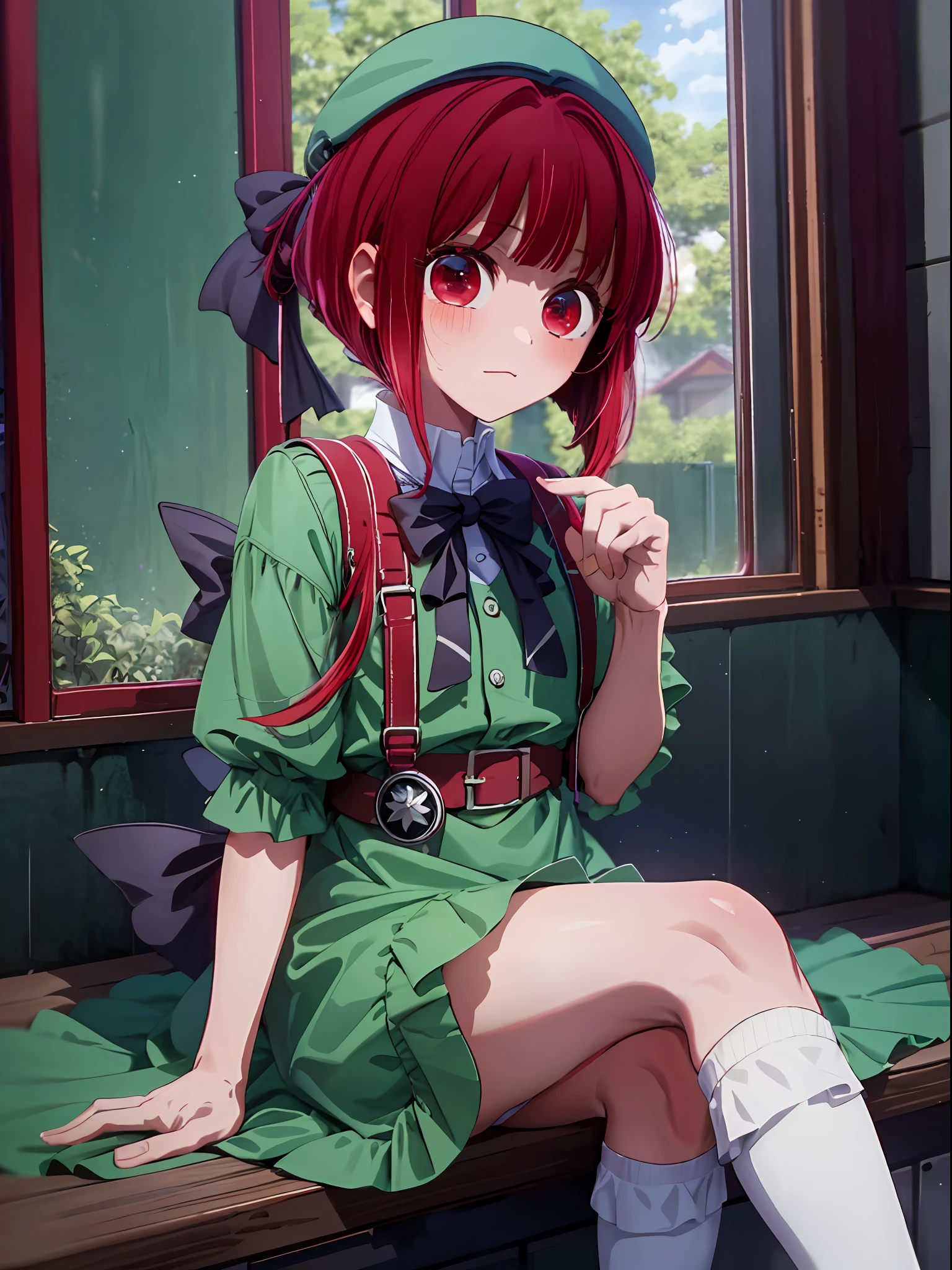 Kana Arima, red hair, red eyes, no light in the eyes, cloudy eyes, darkness falling, yandere, loli, 5 year old girl, (green beret, green dress: 1.5), white high socks, simple dress,