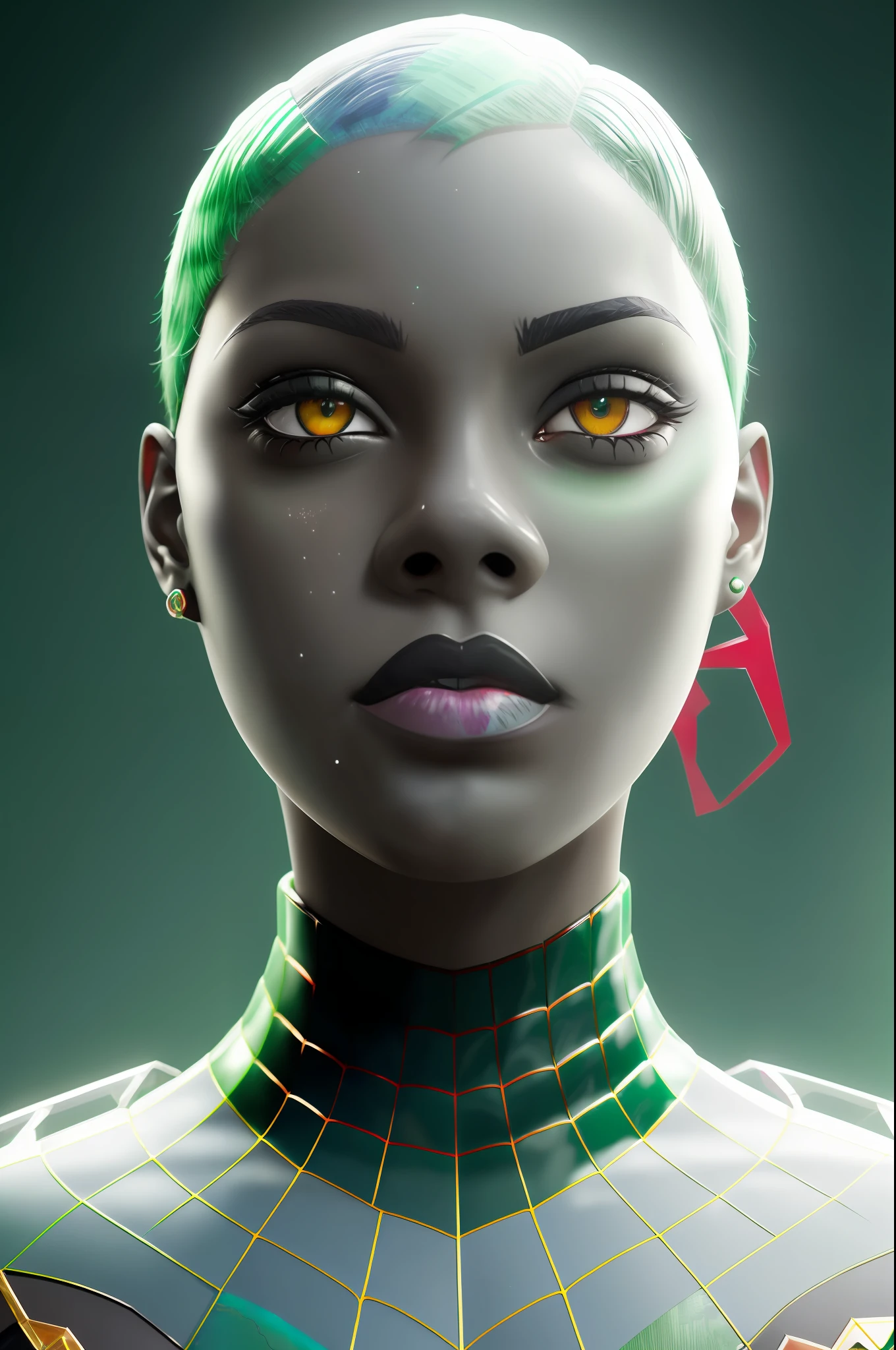 ((emerald and ruby)), (((ebony girl))), spiderman, (((heterochromia eyes:1.25))), drip suit, heavy rain, magical, 4k, porcelain skin, detailed, 8k, dynamic lighting, white chromatic aberration, waterlogged