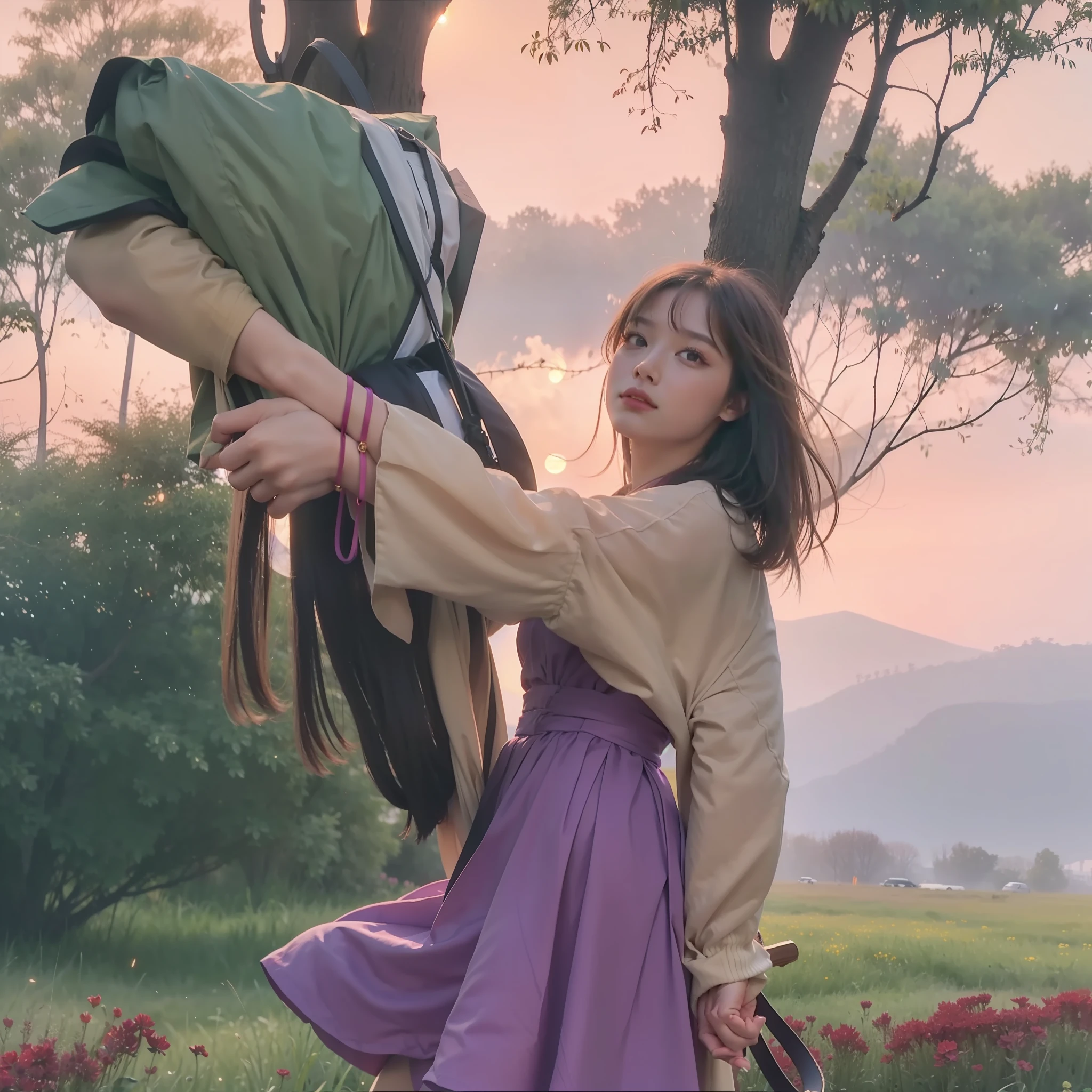 Vast landscape photos, (from below, the sky above, open fields below), a girl standing on a flower field looking up, (Full Moon: 1.2), (Meteor: 0.9), (Nebula: 1.3), Distant Mountains, Trees BREAK Making Art, (Warm Light Source: 1.2), (Firefly: 1.2), Lights, Lots of Purple and Orange, Intricate Details, Volume Lighting BREAK (Masterpiece: 1.2), (Best Quality), 4K, Ultra Detailed, (Dynamic Composition: 1.4), Detailed, Colorful, (Iridescent: 1.2), (Glow, Atmospheric Lighting), Dreamy, Magical, (Solo: 1.2), Slip Dress, Hanfu