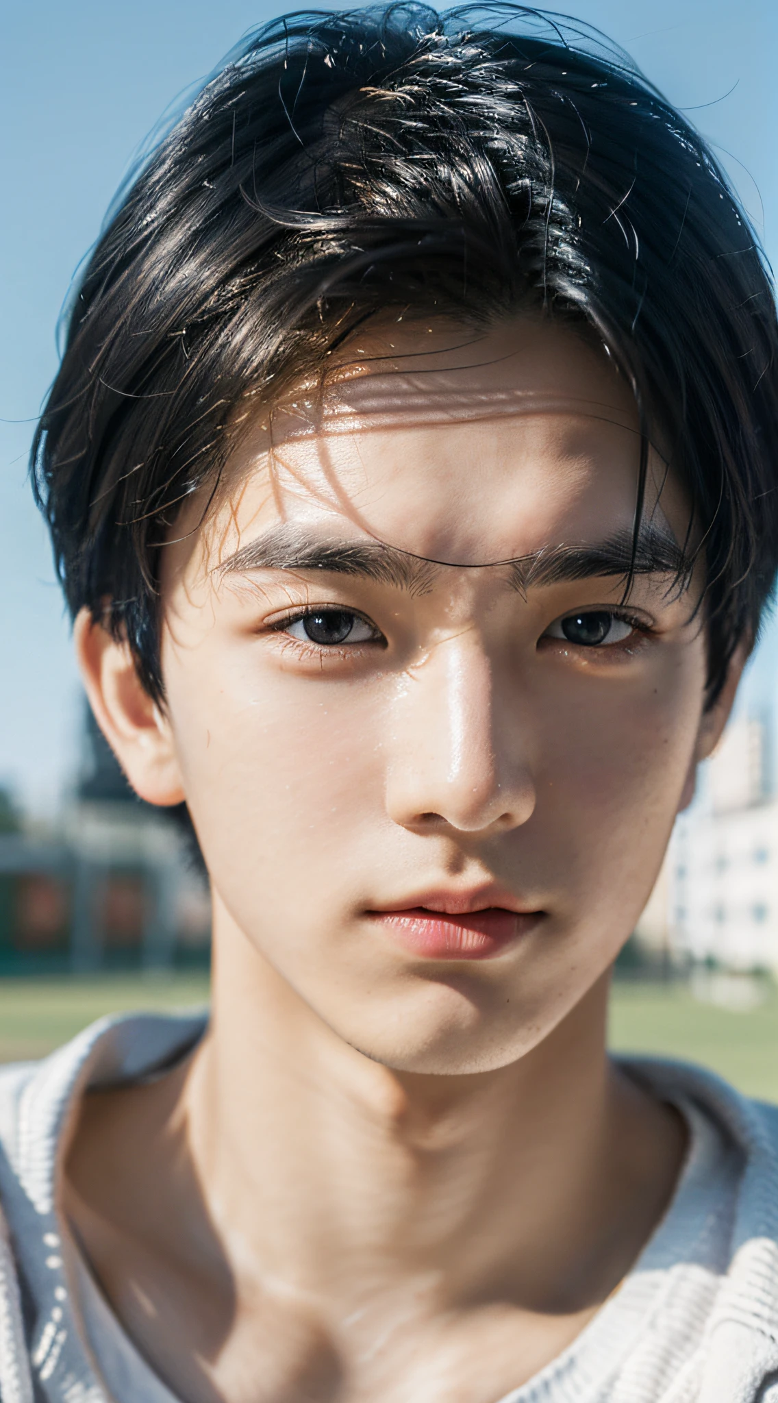Best quality, masterpiece, super high resolution, (realistic: 1.4), original photo, wallpaper, head photo, skin, simple background, black eyes, detail, selfie, 1 boy, 18 years old, handsome, breeze, sunshine, playground