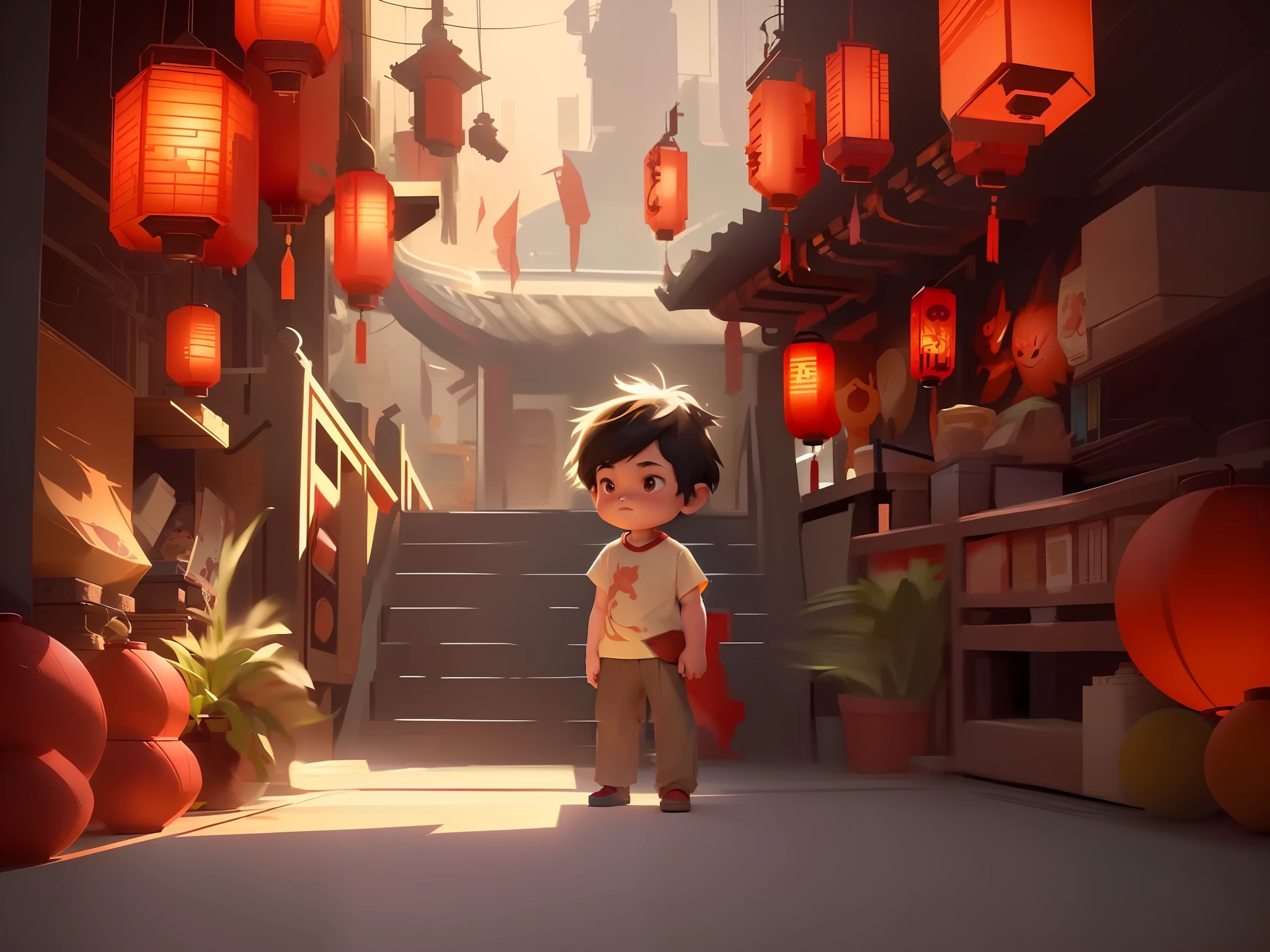 a close up of a person standing in a room with red lanterns, rossdraws global illumination, animated film, animated movie still, animated movie, animation film, animated movie scene, animation style render, animated film still, adorable digital painting, loish and goro fujita, concept art of single boy, in style of disney animation, animation illustrative style, cute character