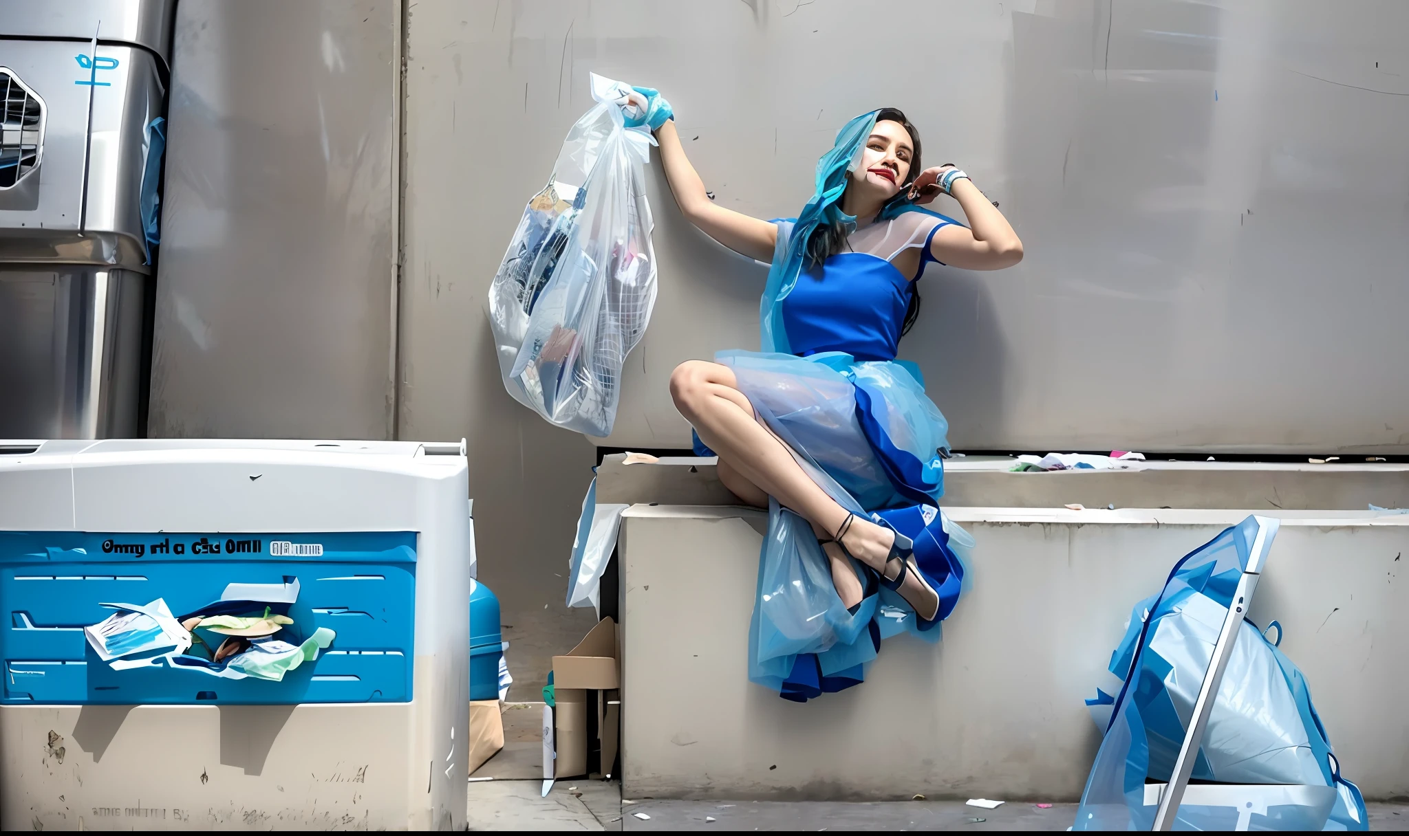 À la Fed woman sitting in trash can talking on cell phone, garbage, wearing light blue and sheer garbage bag, Bernie D'Andrea, crazy garbage bag, photo shoot, littered with garbage, full of garbage, contest winner 2021, posing like a falling model, profile picture, gorgeous Stella Maeve magician, photo shoot, Matt Cavotta