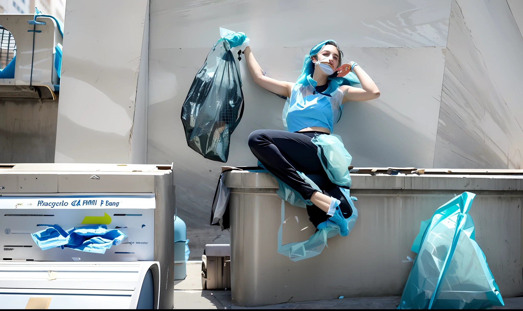 À la Fed woman sitting in trash can talking on cell phone, garbage, wearing light blue and sheer garbage bag, Bernie D'Andrea, crazy garbage bag, photo shoot, littered with garbage, full of garbage, contest winner 2021, posing like a falling model, profile picture, gorgeous Stella Maeve magician, photo shoot, Matt Cavotta