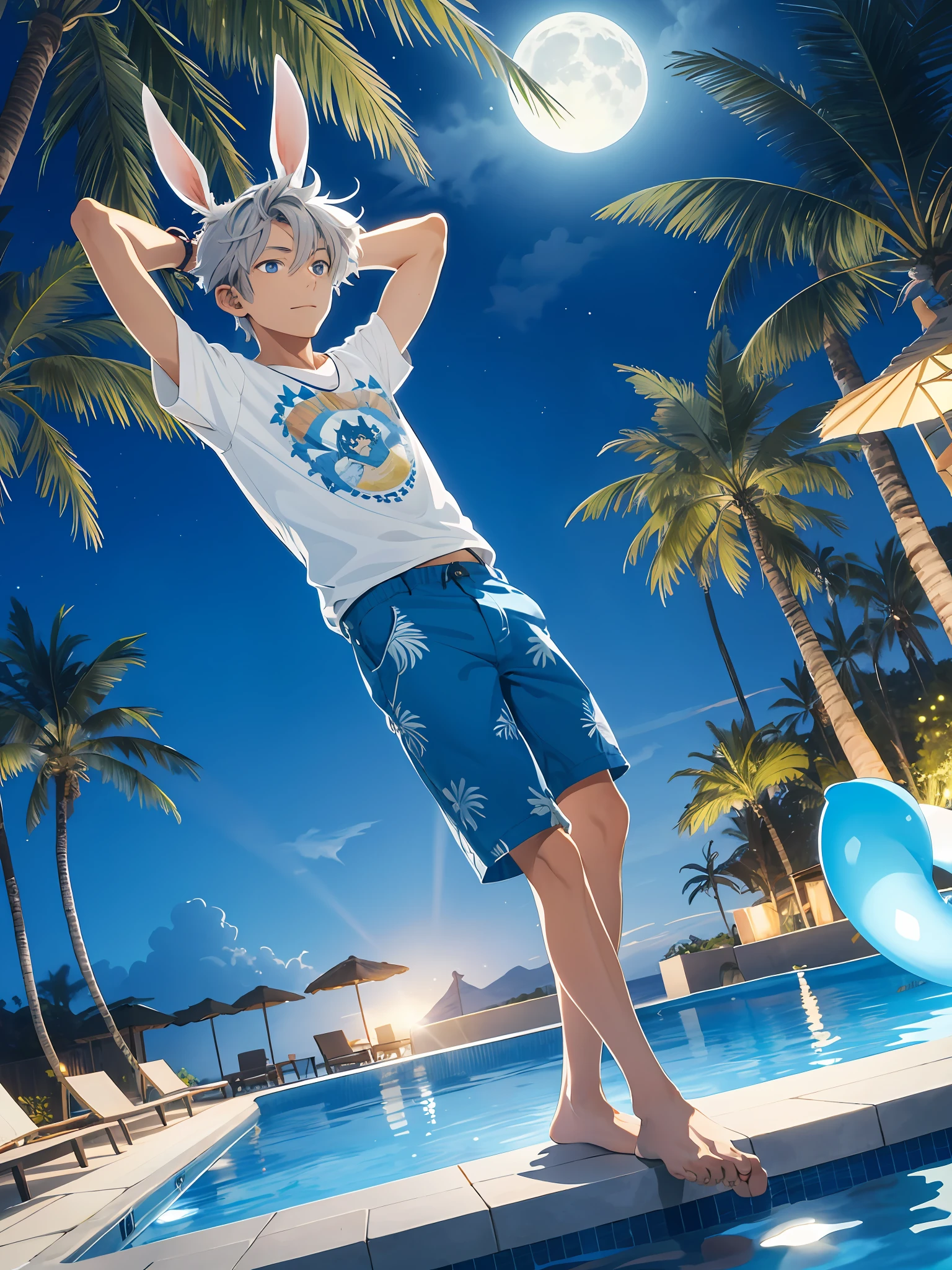 illustration style, cute boy, silver-haired blue-eyed rabbit ears, solo, rabbit ears, rabbit ears, sunny moonlit night, leisurely, sunny night sky, pool relaxation, gaming pool, inflatable float, carefree atmosphere, refreshing water, friendly, half pants, aloha shirt, open shirt, boy's body, refreshing water, gentle ripples, comfortable relaxation, , tropical palm trees, Night sky, lazy night, quiet oasis