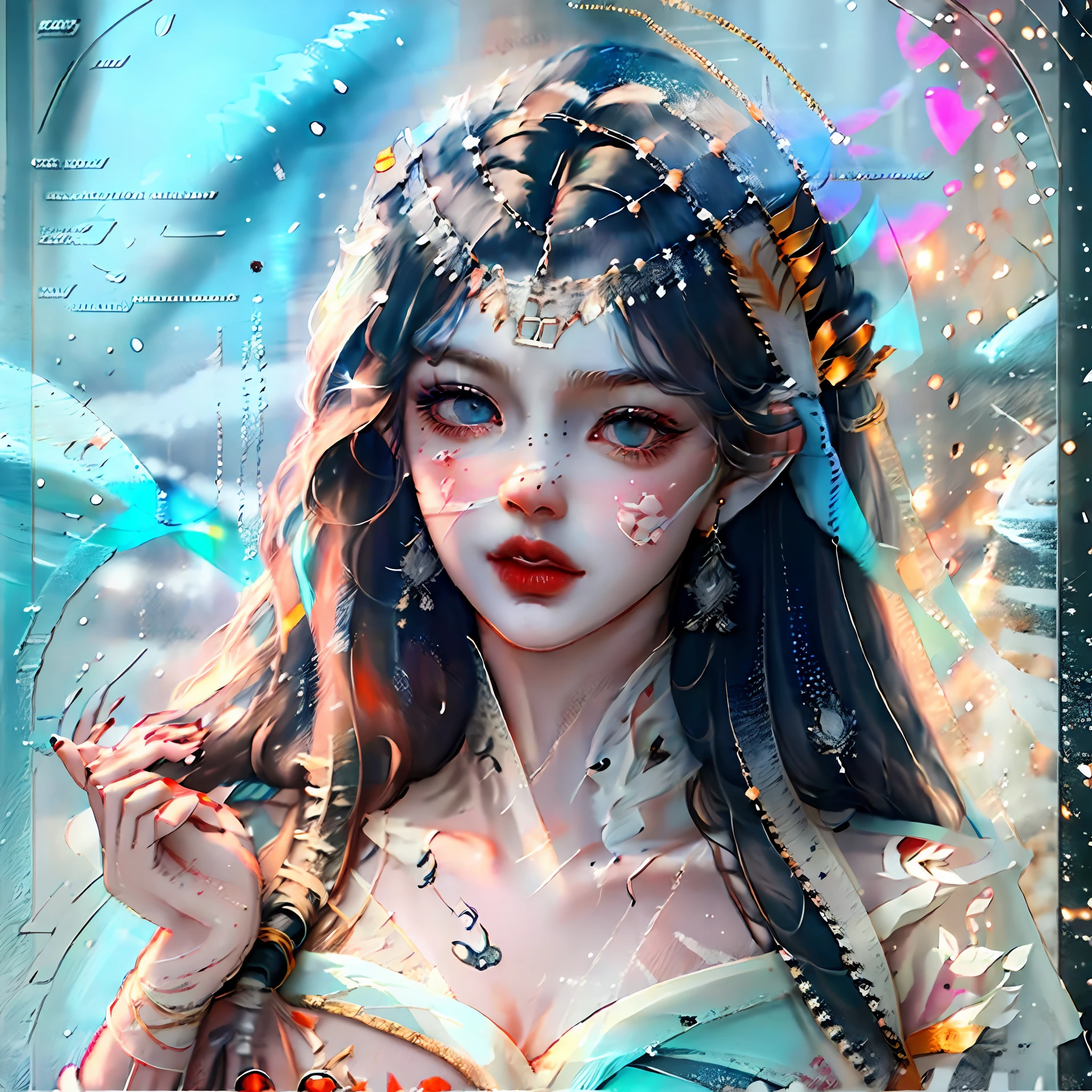 Smooth and white face, transparent angular and cold; Dark and deep eyes, glowing with charming colors; The thick eyebrows, high nose, beautiful lip shape, all of them show nobility and elegance, dim light, shining on the blood stains on the snow, but also on the vast mountains, the mountains are snow-white, and no traces of roads can be seen --auto --s2