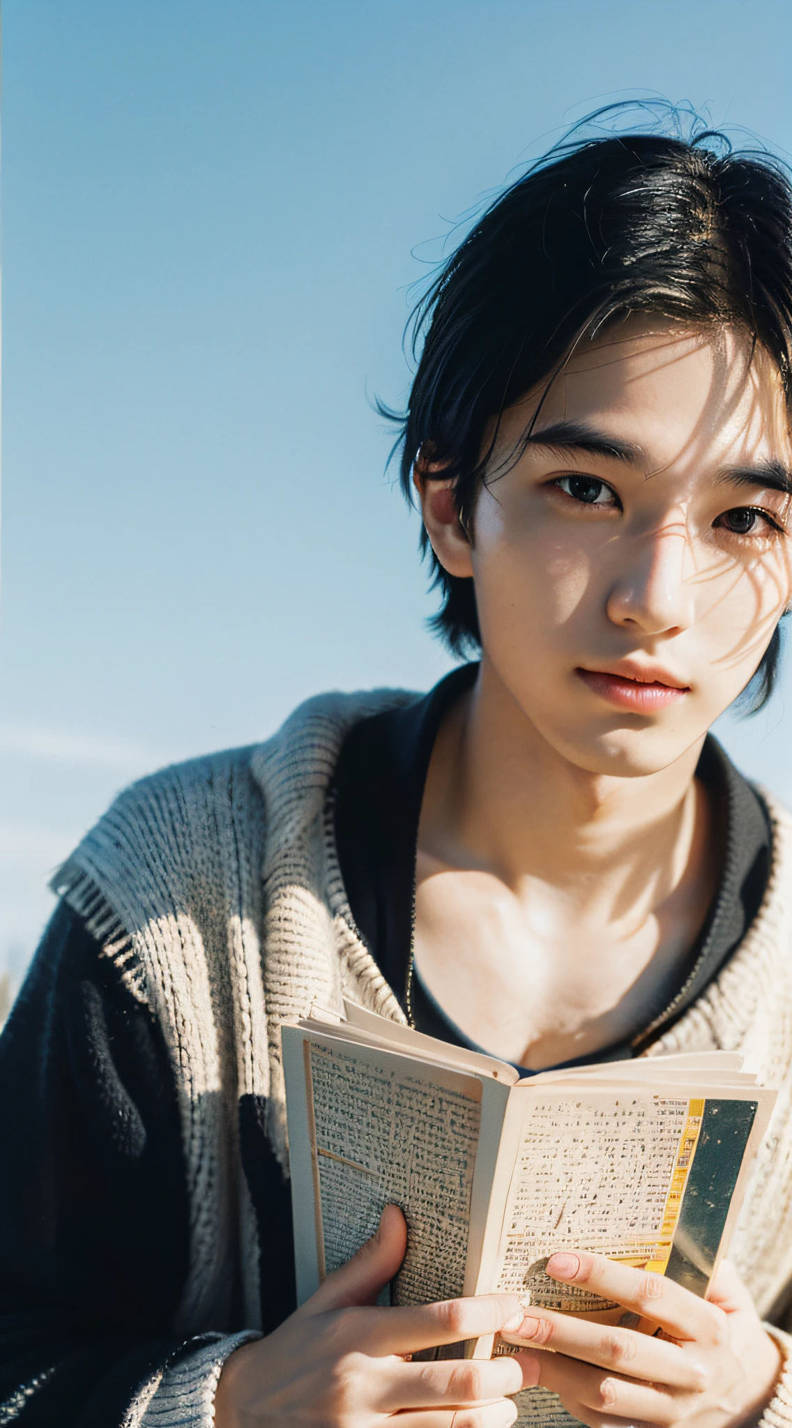 Best quality, masterpiece, super high resolution, (realistic: 1.4), original photo, wallpaper, head photo, skin, simple background, black eyes, detail, selfie, 1 boy, 18 years old, handsome, breeze, sunshine, reading a book