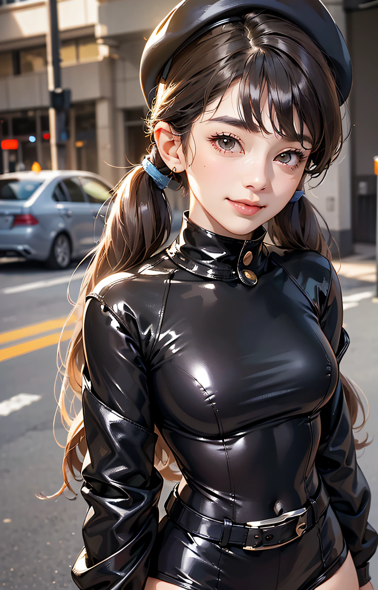 1girl, masterpiece, top quality, futao (genshin impact), butao, hat, red eyes, twin tails, brown hair, solo, symbolic pupil, long hair, bangs, black shorts, (highly detailed CG unity 8k wallpaper), (Masterpiece), (Highest Quality), (Portrait), (Best Illustration), (Best Shadow), (Realistic:1.4), 1girl on street, Kpop idol, ((Very Oversized Sweater, Button Sweater, Open Sweater) , (grey hair: 1.1), collarbone, (mid breasts: 1.3), viewer, smile, whole body, (latex clothes, latex stockings, coquettish smile, clothes smooth texture), {latex swimsuit}, --auto --s2