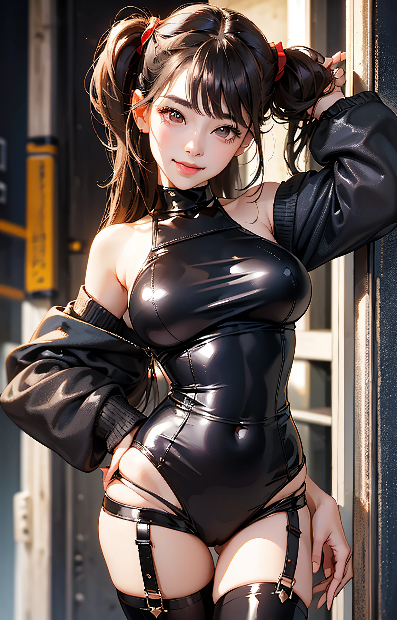 1girl, masterpiece, top quality, futao (genshin impact), butao, hat, red eyes, twin tails, brown hair, solo, symbolic pupil, long hair, bangs, black shorts, (highly detailed CG unity 8k wallpaper), (Masterpiece), (Highest Quality), (Portrait), (Best Illustration), (Best Shadow), (Realistic:1.4), 1girl on street, Kpop idol, ((Very Oversized Sweater, Button Sweater, Open Sweater) , (grey hair: 1.1), collarbone, (mid breasts: 1.3), viewer, smile, whole body, (latex clothes, latex stockings, coquettish smile, clothes smooth texture), {latex swimsuit}, --auto --s2