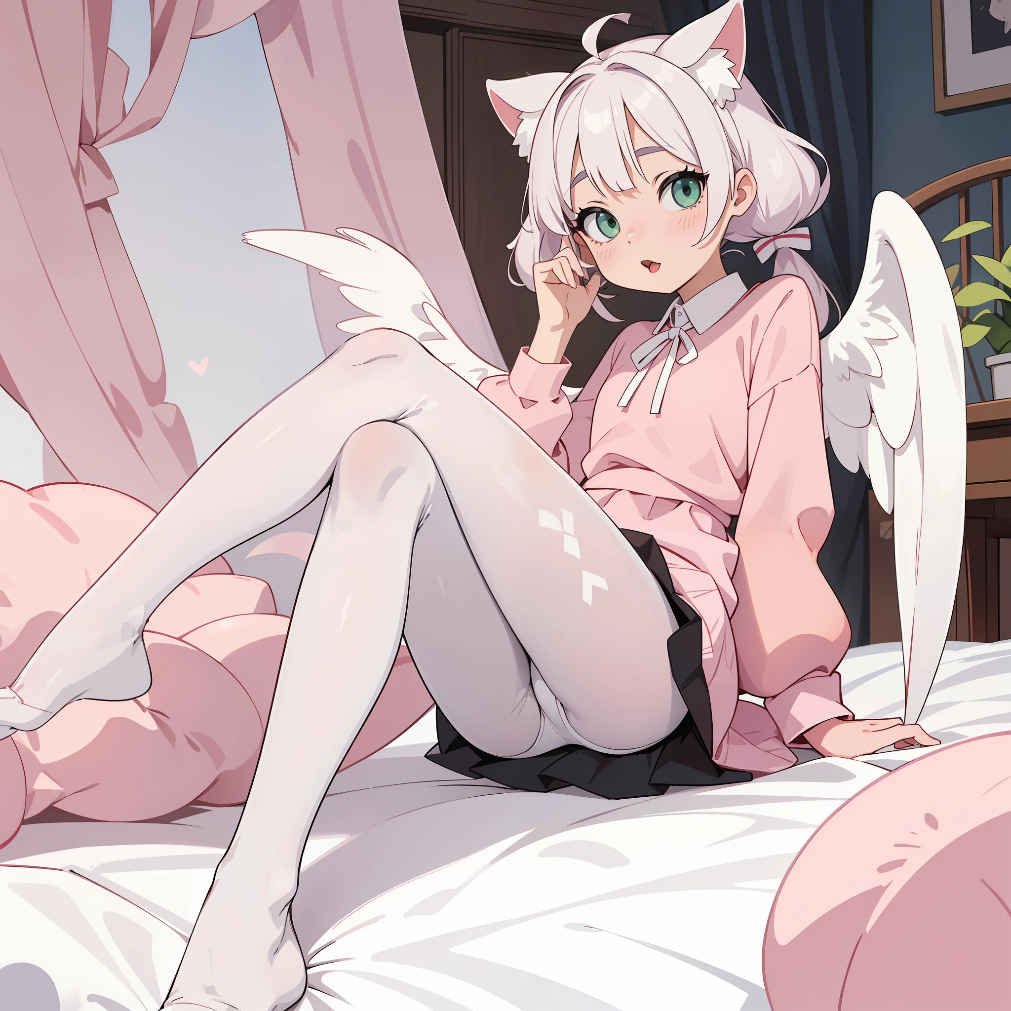 Artistic Lines, Cute Young Anime Girl, Wearing Pink Opaque Nylon Sweater, With Short Silk Puffy Skirt. Sitting on bed, With Legs Crossed wearing ((clean white Pantyhose)), Green Eyes, (Happy Mouth opened with tongue out). ((Pale Skin and face.)) (One Hand Caressing her own leg) Curly Twin Tails Hair. Cat Ears And Tail. Angel Wings. Full-Body View. looking at viewer. ((No extra leg)). Solo girl. Pointed feet. (No extra arms.)