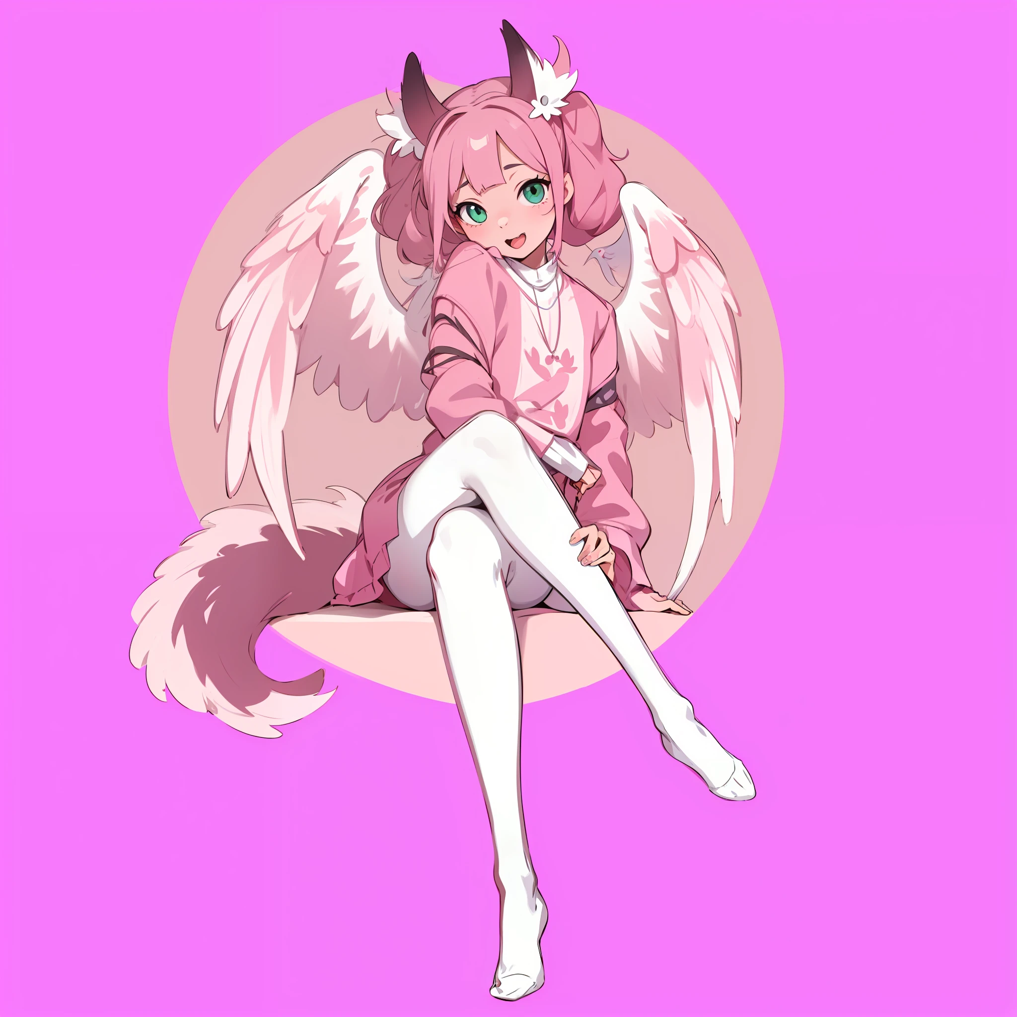 Artistic Lines, Cute Young Anime Girl, Wearing Pink Opaque Nylon Sweater, With Short Silk Puffy Skirt. Sitting on bed, With Legs Crossed wearing ((clean white Pantyhose)), Green Eyes, (Happy Mouth opened with tongue out). ((Pale Skin and face.)) (One Hand Caressing her own leg) Curly Twin Tails Hair. Cat Ears And Tail. Angel Wings. Full-Body View. looking at viewer. ((No extra leg)). Solo girl. Pointed feet. (No extra arms.)