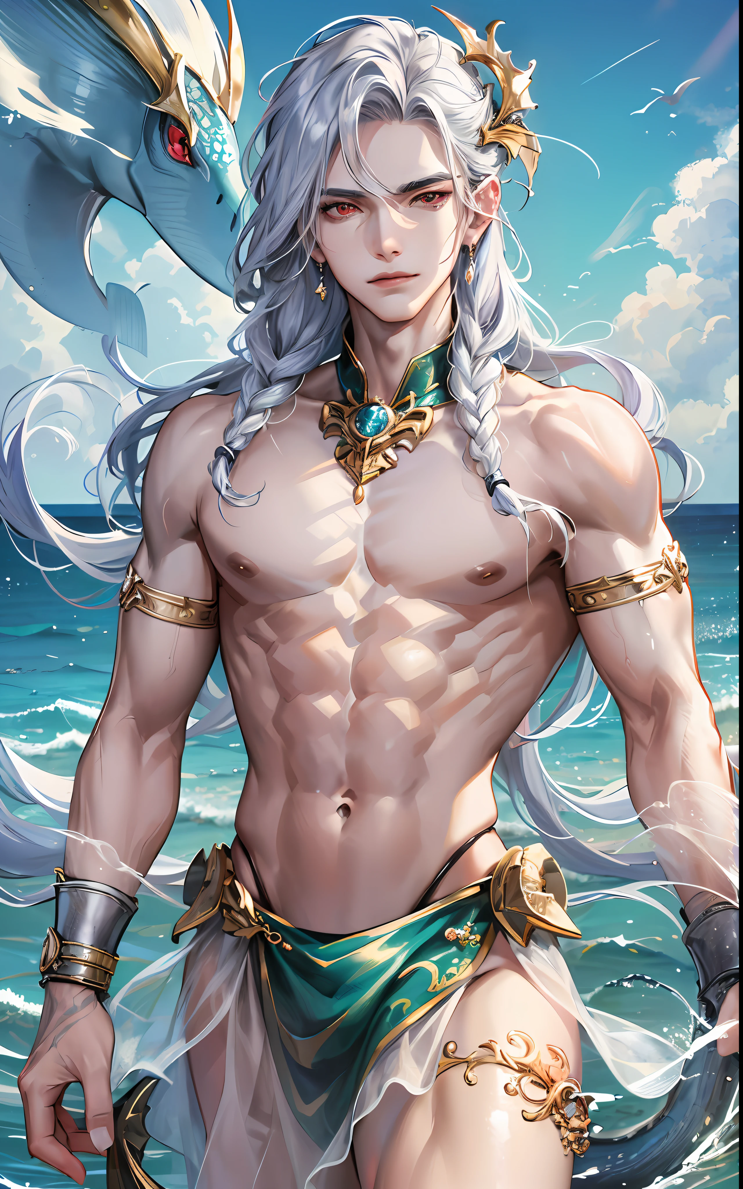 man, masculine, masculine face, attractive, muscular, (((1man))), masterpiece, absurdres, best quality ,intricate details , (shiny skin, shiny body, shiny oily luster skin, shiny hair, pale skintone), Sundown, attractive, ((muscular)), adult, one, earrings, Don't look at the view , Not looking at the view, silver hair, braided hair, perfect detailed face, perfect detailed hands, triton, fins, red eyes, triton ears, ((MLS)), smirk, medium large shoot, marine ornaments, sea in the background, ((in the water)), open chest, mermaid tail