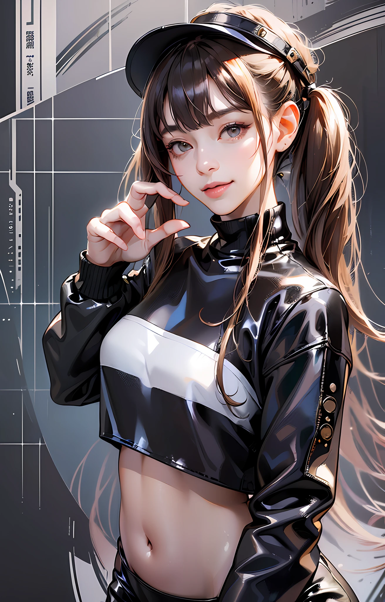 1girl, masterpiece, top quality, futao (genshin impact), butao, hat, red eyes, twin tails, brown hair, solo, symbolic pupil, long hair, bangs, black shorts, (highly detailed CG unity 8k wallpaper), (Masterpiece), (Highest Quality), (Portrait), (Best Illustration), (Best Shadow), (Realistic:1.4), 1girl on street, Kpop idol, ((Very Oversized Sweater, Button Sweater, Open Sweater) , (grey hair: 1.1), collarbone, (mid breasts: 1.3), viewer, smile, whole body, (latex clothes, latex stockings, coquettish smile, clothes smooth texture), {latex swimsuit}, --auto --s2
