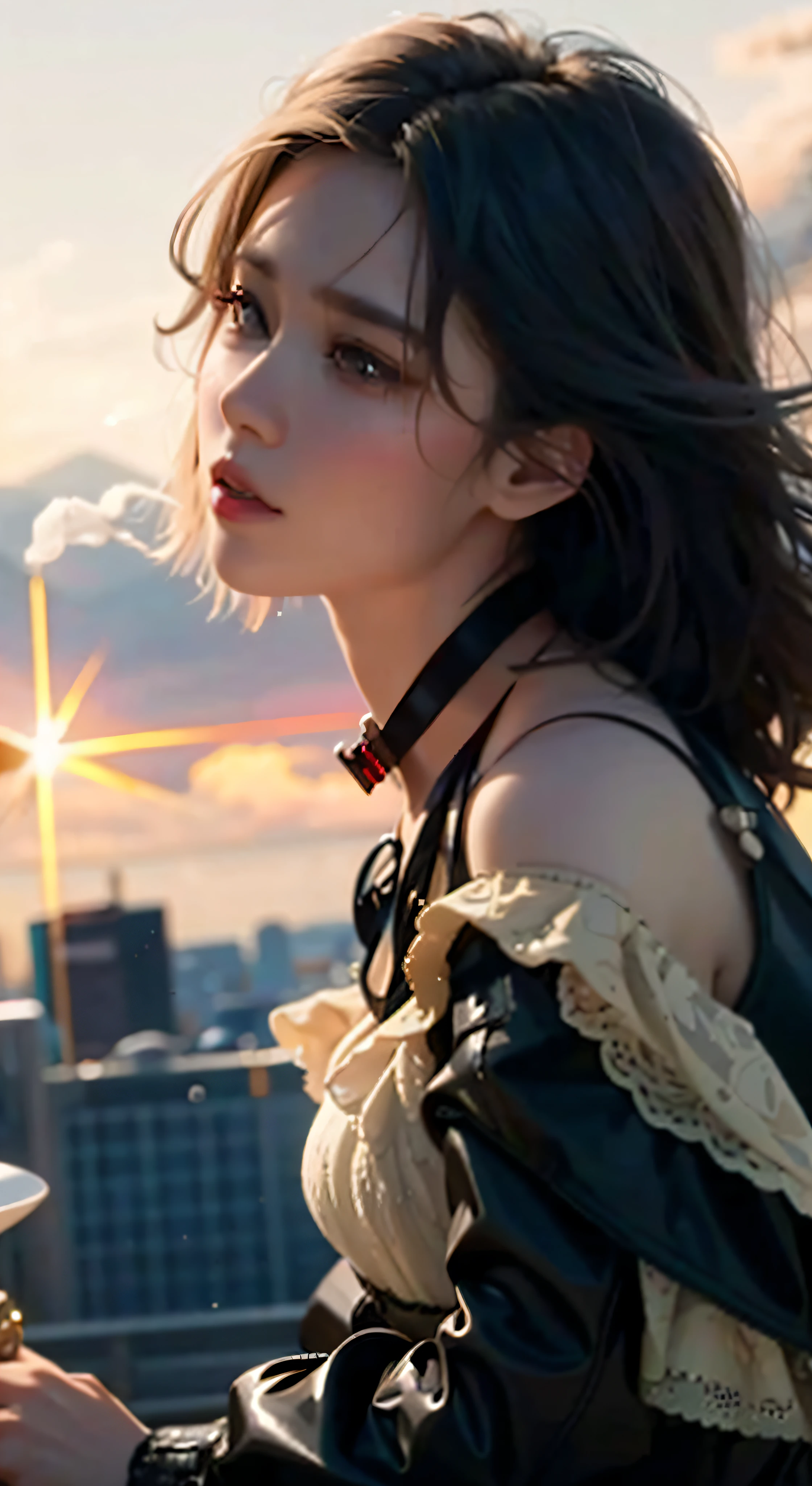 a woman in a black jacket and a white shirt holding a cup, by Yang J, sakimichan, beautiful image, 8k artgerm bokeh, beautiful portrait image, cai xukun, by Ye Xin, by Ni Tian, by Li Song, by Leng Mei, hot with shining sun, chinese girl, trending on cgstation