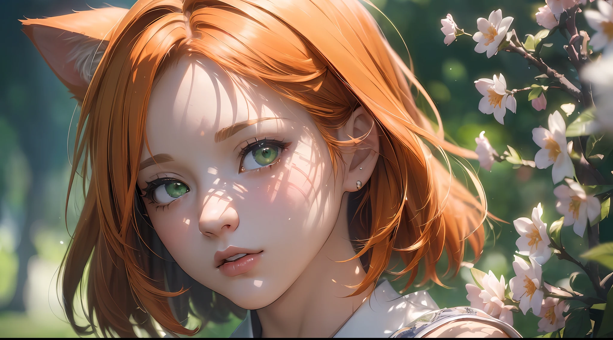 ((masterpiece:1.5)), ultra high res, photorealistic, realistic, best quality, photo-realistic, (((high detailed skin)), (8k, raw photo, best quality), (1 cute girl), (bob cut), (short orange hair), ((cat ear)), ((japanese clothes:1.3)), Japan, ((sakura)), flowers, ((green eyes)), automatic white balance, (((face close-up))), ((((looking at viewer)))), SFW, dynamic hair,  highly detailed, more details, cinematic atmosphere, correct ???????, epic scene, global illumination, detailed and intricate environment, modelshoot style, 8K UHD, concept art, octane render