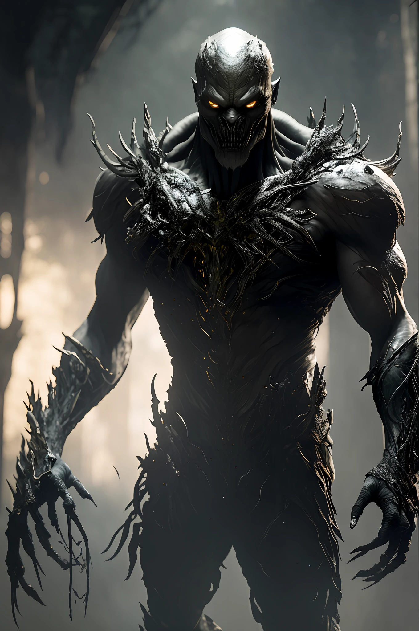 arafed creature with a glowing face and claws in a dark forest, unreal engine character art, unreal engine. film still, menacing. unreal 5, greg rutkowski octane render, fantasy character octane render, octane render godrays, black octane render, insanely detailed octane render, octane render cinematic, unreal engine octane render, 8 k cg render