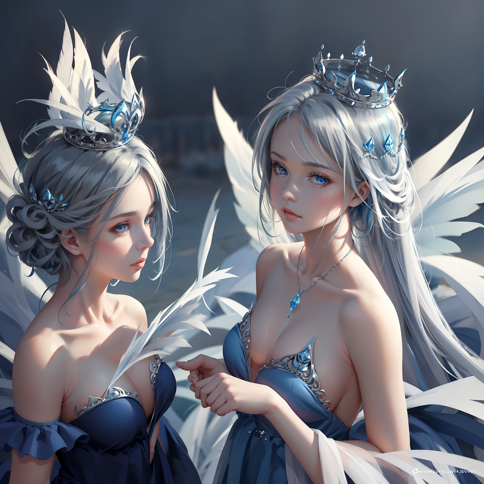 Ultra-clear, fine, feathered, gray hair, blue eyes, crown made of ice on the girl's head, blue dress