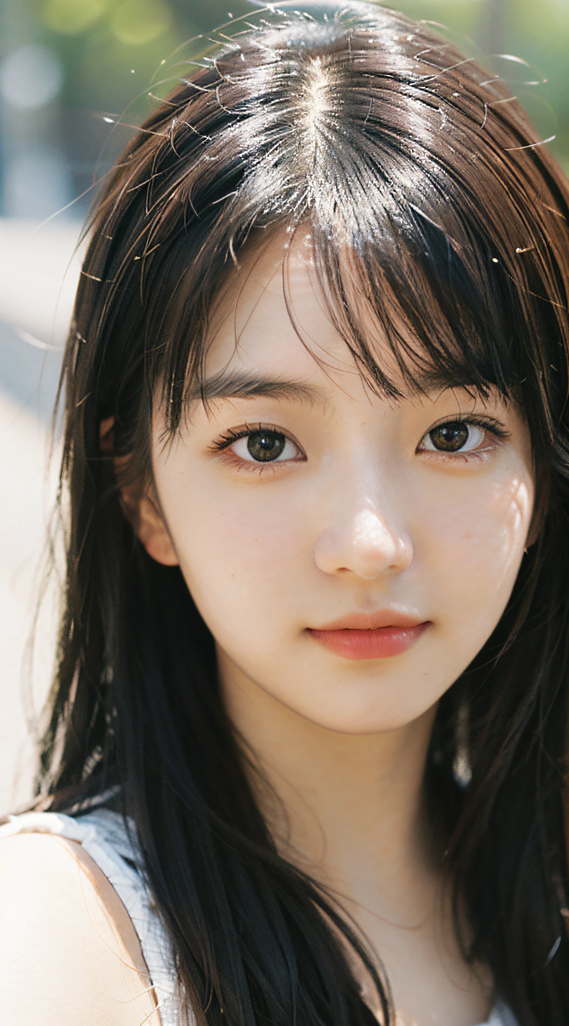 Best quality, masterpiece, super high resolution, (realistic: 1.4), original photo, wallpaper, head photo, skin, simple background, black eyes, detail, selfie, 1 girl, 18 years old, breeze, sunshine, and drinks