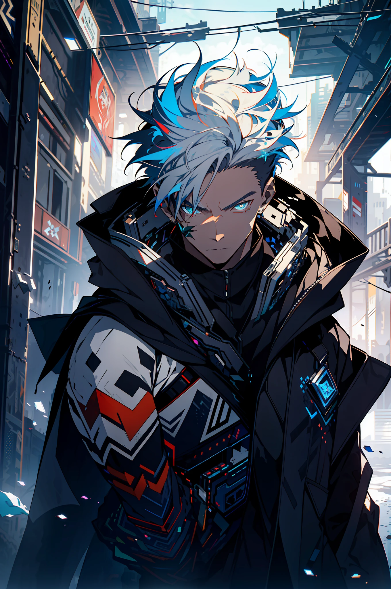 Cyberpunk male, fantasy world, dark background, clean design, epic instagram, artstation, colorful paint splatter, silhouette, hyper detailed intricate details, unreal engine, fantasy, intricate details, splash screen, complementary colors, Fantasy concept art, 8k resolution, deviantart masterpiece, oil painting, heavy strokes, paint dripping, (isolated on white background: 1.3), rainbow skin, (((handsome young man))), ((teenage:1.5) ), (glowing blue eyes), ((light eyes)), ((((short white hair: 1.1))), ((black clothes)), (prince\\(indifferent expression\\),, ( ((Wears high detail luxurious black robe))), white hair, frost magic, ((chest) --v 6