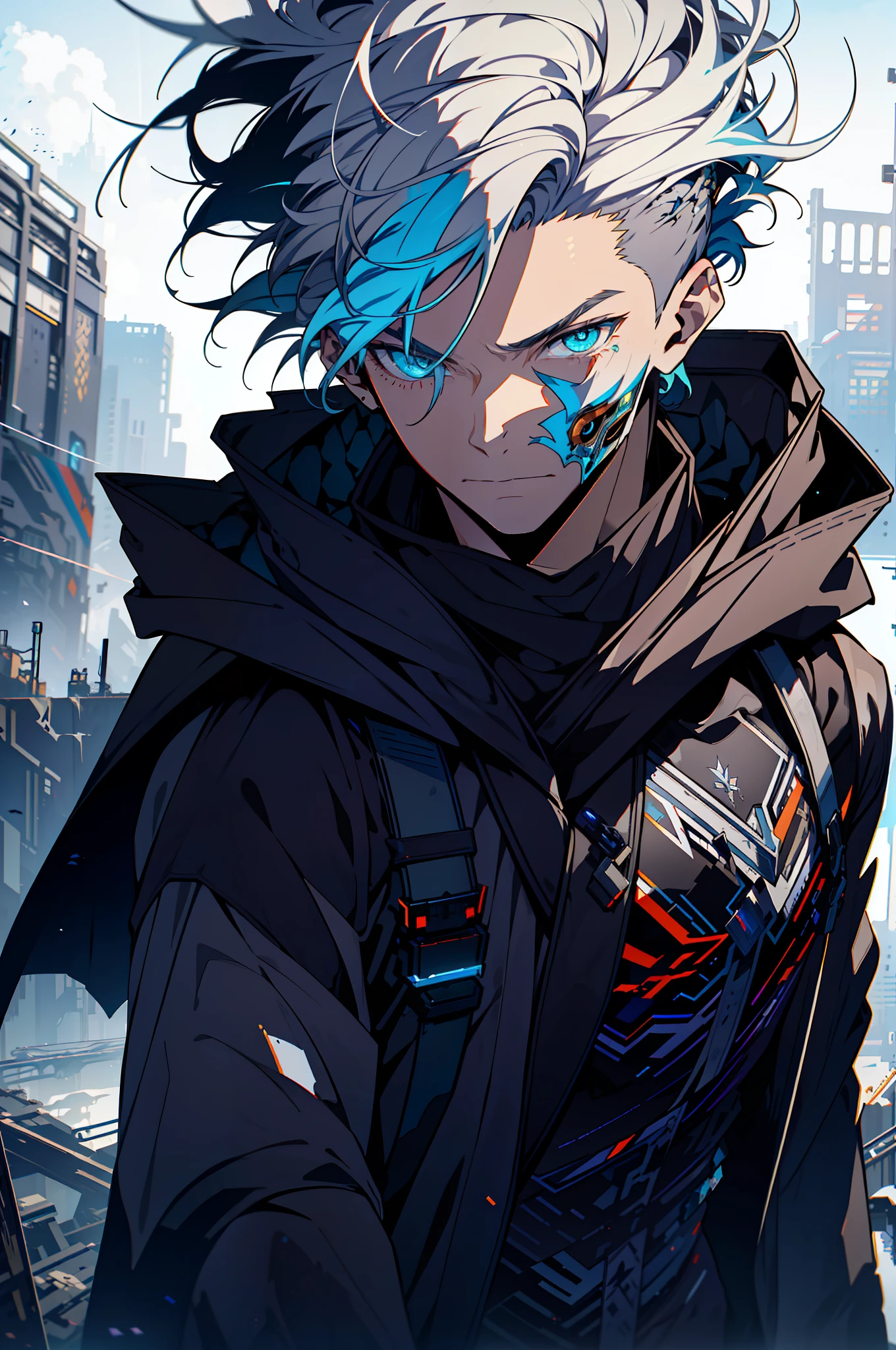 Cyberpunk male, fantasy world, dark background, clean design, epic instagram, artstation, colorful paint splatter, silhouette, hyper detailed intricate details, unreal engine, fantasy, intricate details, splash screen, complementary colors, Fantasy concept art, 8k resolution, deviantart masterpiece, oil painting, heavy strokes, paint dripping, (isolated on white background: 1.3), rainbow skin, (((handsome young man))), ((teenage:1.5) ), (glowing blue eyes), ((light eyes)), ((((short white hair: 1.1))), ((black clothes)), (prince\\(indifferent expression\\),, ( ((Wears high detail luxurious black robe))), white hair, frost magic, ((chest) --v 6