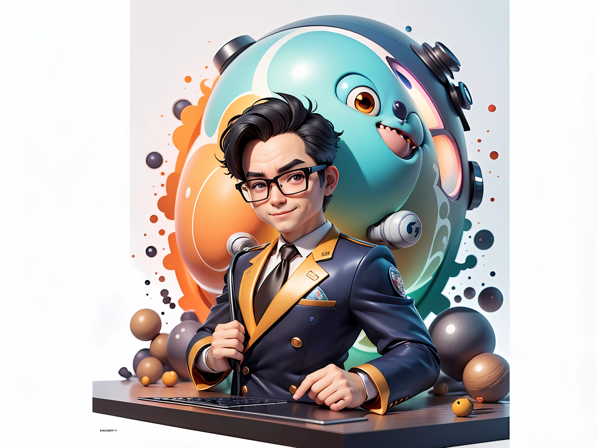 Masterpiece), (Excellent), (Super Meticulous), (Full Body: 1.2), Super Young Woman, Beautiful, Sexy, Bursting, Oriental Face, TV Anchor, Bust Portrait Illustration, Alone, Black Suit, Blue Tie, Silver Glasses, Slightly Chubby Face, Very Clean Face, No Beard, Black Super Short Hair, Black Eyes, Confident Smile, 3c Computer Sub-Products, iPad, iPhone, Digital Painting, 3D Character Design by Akira Toriyama with Mark Claireden and Pixar and Hayao Miyazaki, The illustration is a high-definition illustration in 4K resolution with very detailed facial features and cartoon-style visuals.