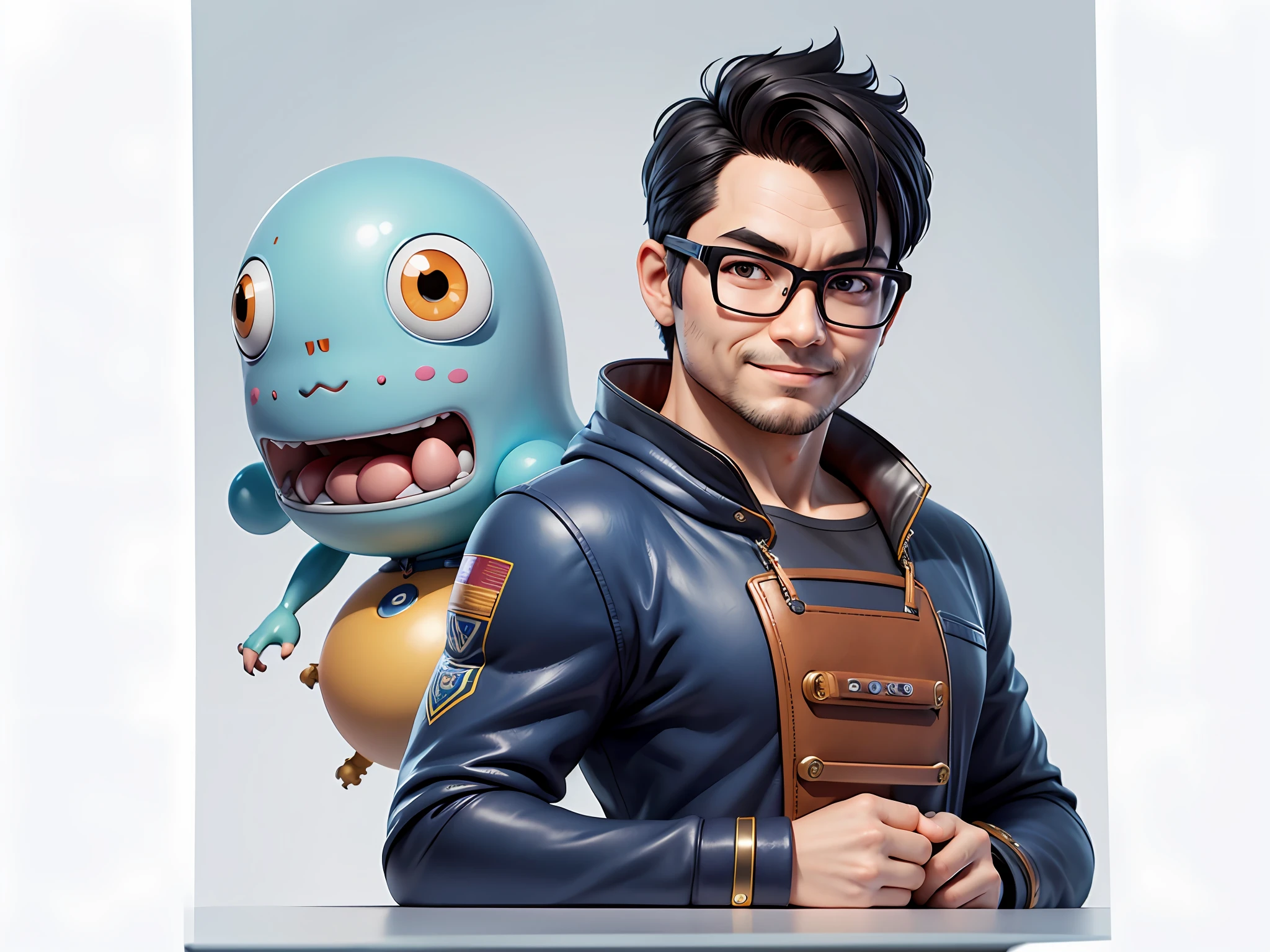 Masterpiece), (Excellent), (Super Meticulous), (Full Body: 1.2), Super Young Woman, Beautiful, Sexy, Bursting, Oriental Face, TV Anchor, Bust Portrait Illustration, Alone, Black Suit, Blue Tie, Silver Glasses, Slightly Chubby Face, Very Clean Face, No Beard, Black Super Short Hair, Black Eyes, Confident Smile, 3c Computer Sub-Products, iPad, iPhone, Digital Painting, 3D Character Design by Akira Toriyama with Mark Claireden and Pixar and Hayao Miyazaki, The illustration is a high-definition illustration in 4K resolution with very detailed facial features and cartoon-style visuals.