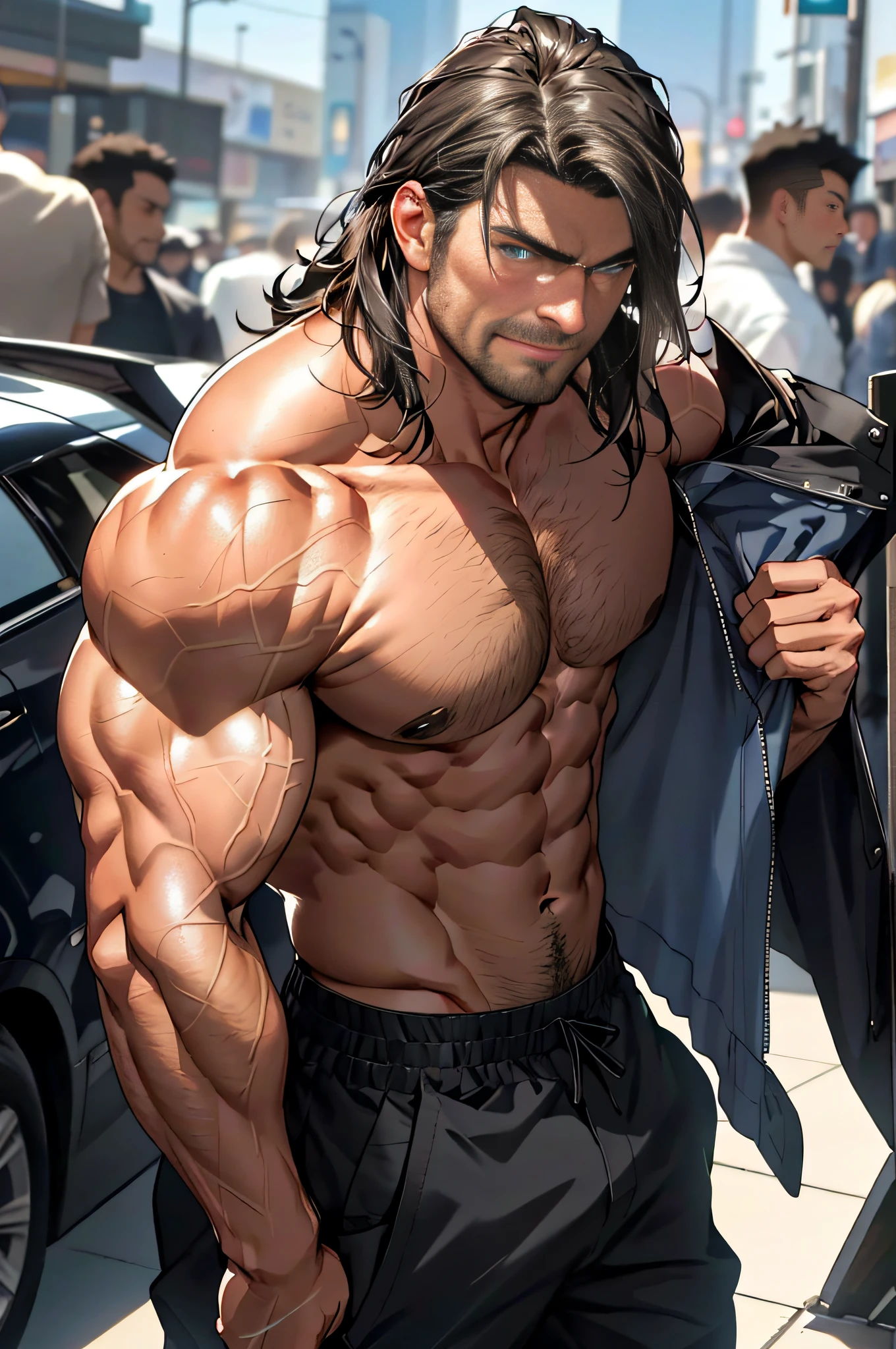 Full body portrait, gaze at the viewer, a handsome mature man, muscular, bare upper body, black hair, short stubble, wearing black pants, blue eyes, blush, ray tracing, ultra hd, ultra detail, wallpaper, 4k, Tokyo, Japanese animation, finer background, ray tracing, fine particle light effects