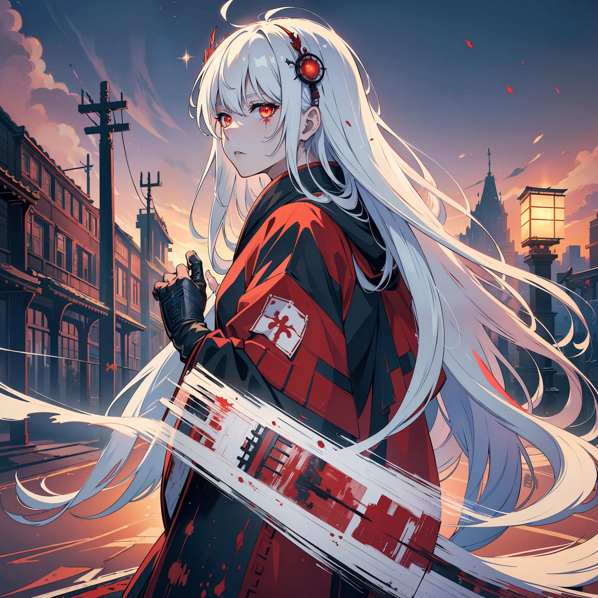 (masterpiece:1.4), (best quality:1.2), (landscape), (extremely detailed CG 8k unit wallpaper), (cinematic lighting), a man from (long white hair), (blood stains scattered around place), wearing medieval samurai robes, (glowing eyes, bright, sparkling), color (red), background of artistic scenery, abandoned, dirty, giving an air of terror.