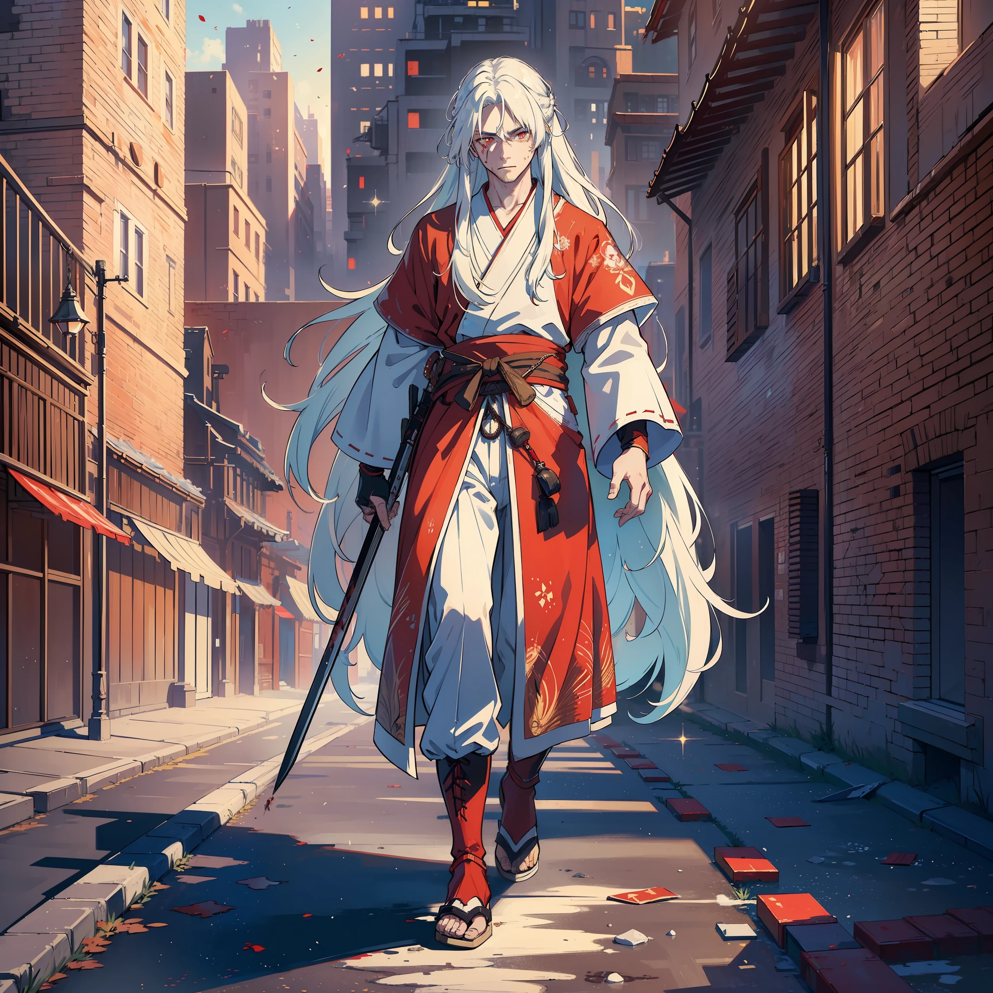 (masterpiece:1.4), (best quality:1.2), (landscape), (extremely detailed CG 8k unit wallpaper), (cinematic lighting), a man from (long white hair), (blood stains scattered around place), wearing medieval samurai robes, (glowing eyes, bright, sparkling), color (red), background of artistic scenery, abandoned, dirty, giving an air of terror.