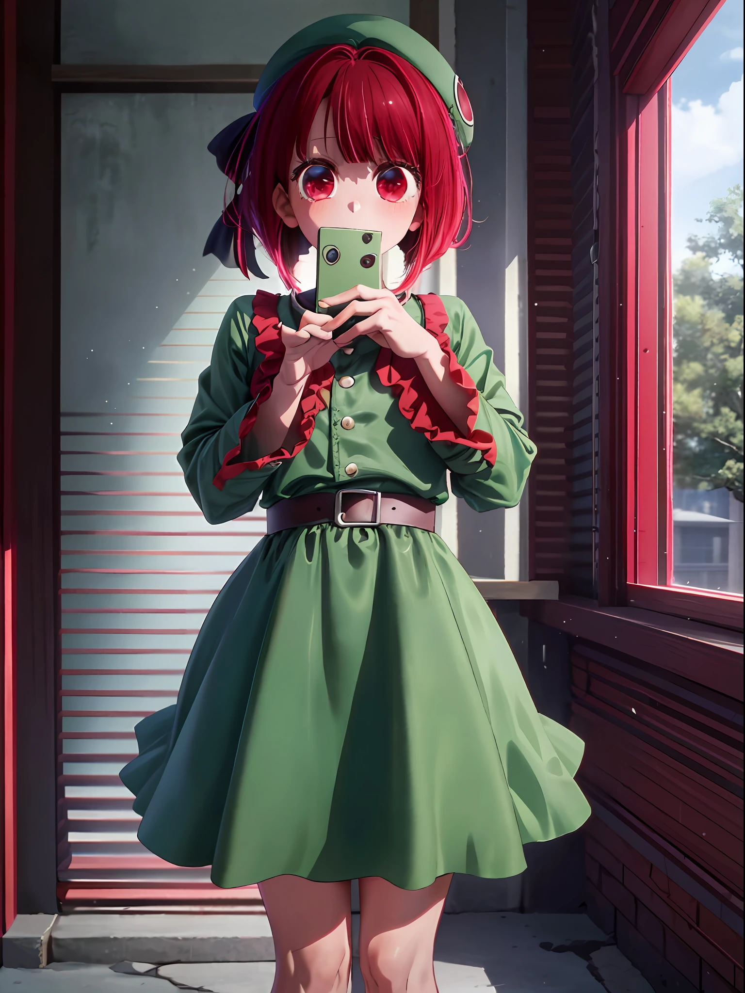 Kana Arima, red hair, red eyes, no light in the eyes, cloudy eyes, darkness falling, yandere, ****, 5 year old girl, (green beret, green dress: 1.5), white high socks, simple dress,