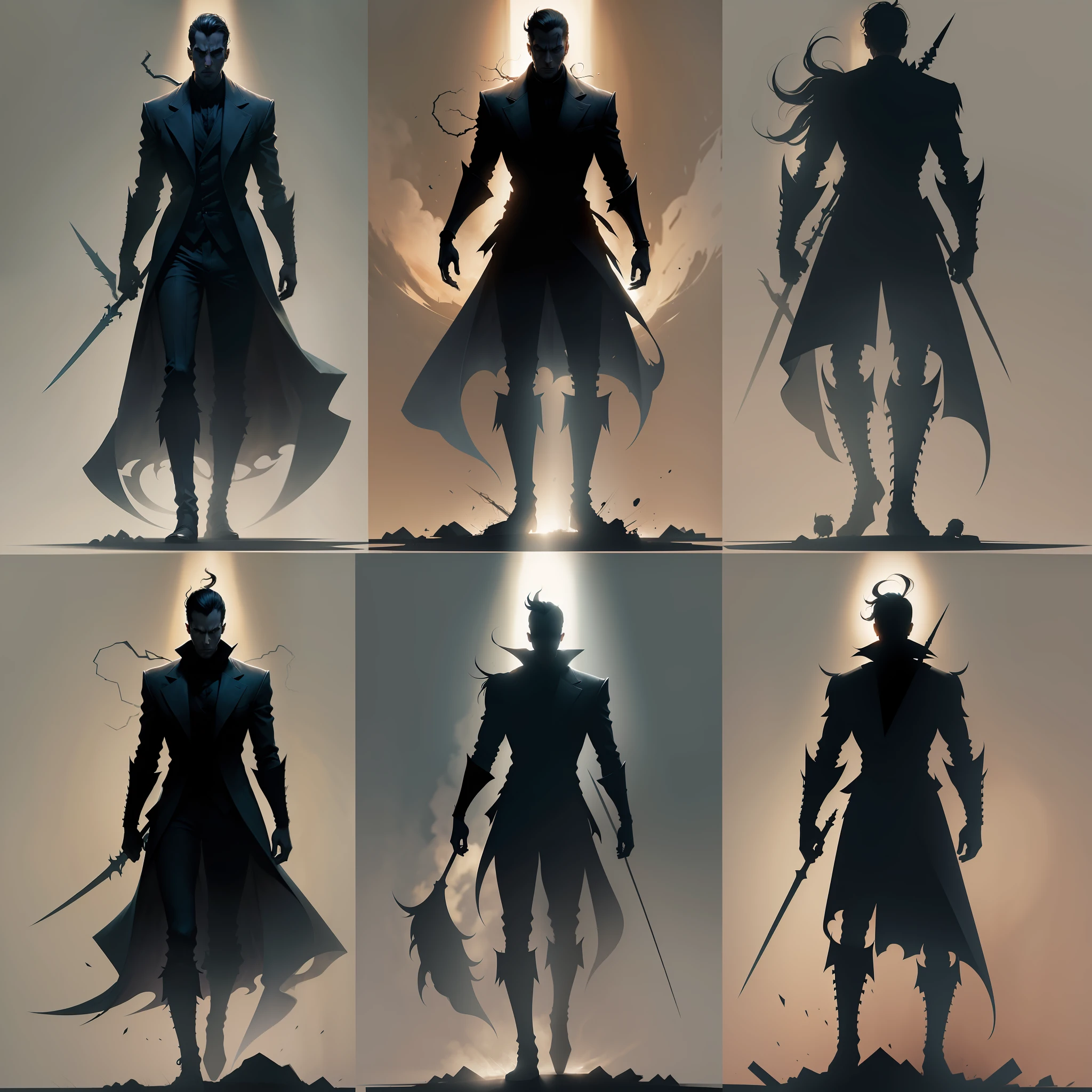Silhouette of a man stricken by psychological monsters represented by silhouettes of pointed blades, ((pain)), digital art, concept art, cartoon