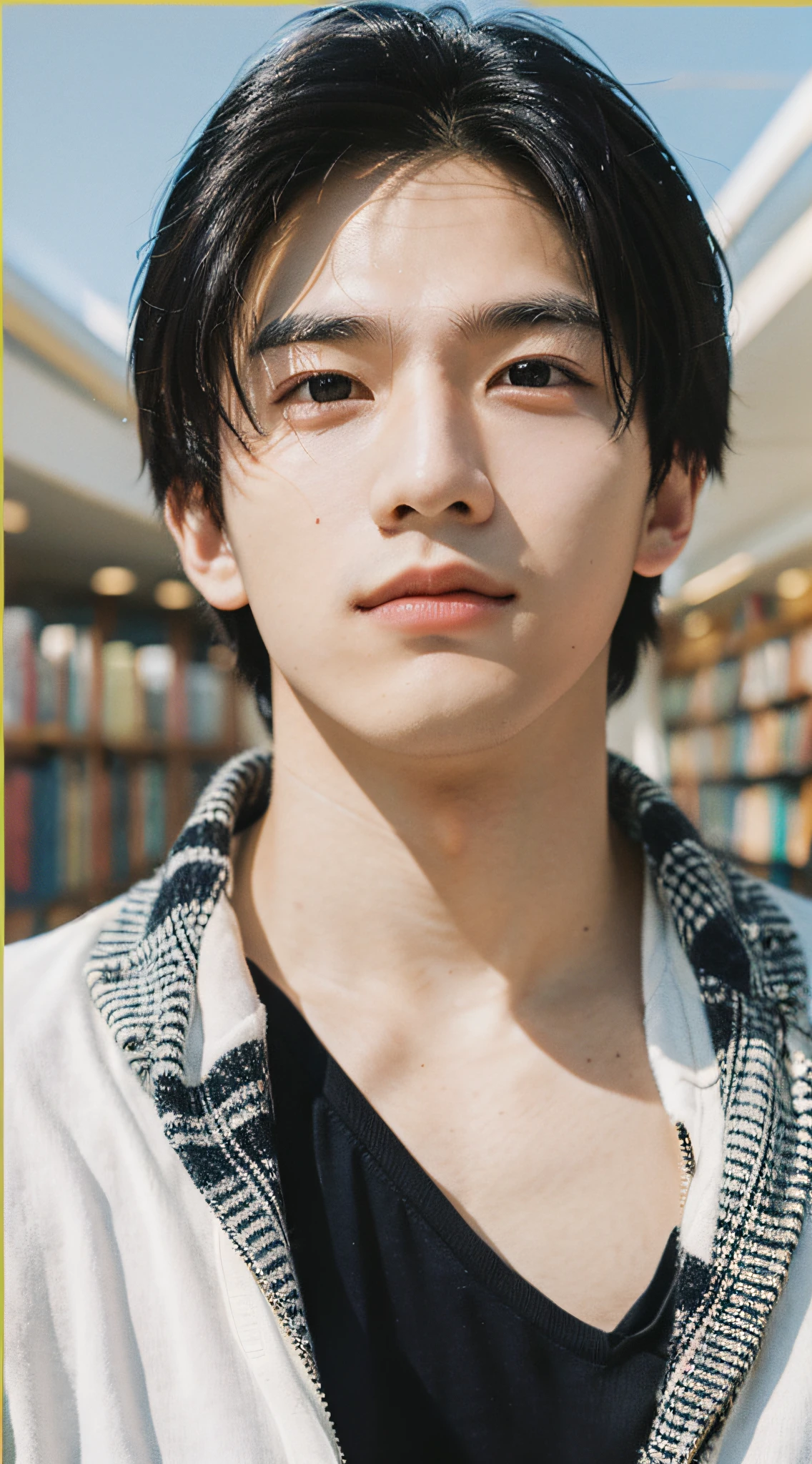 Best quality, masterpiece, super high resolution, (realistic: 1.4), original photo, wallpaper, head photo, skin, simple background, black eyes, detail, selfie, 1 boy, 18 years old, handsome, breeze, sunshine, library