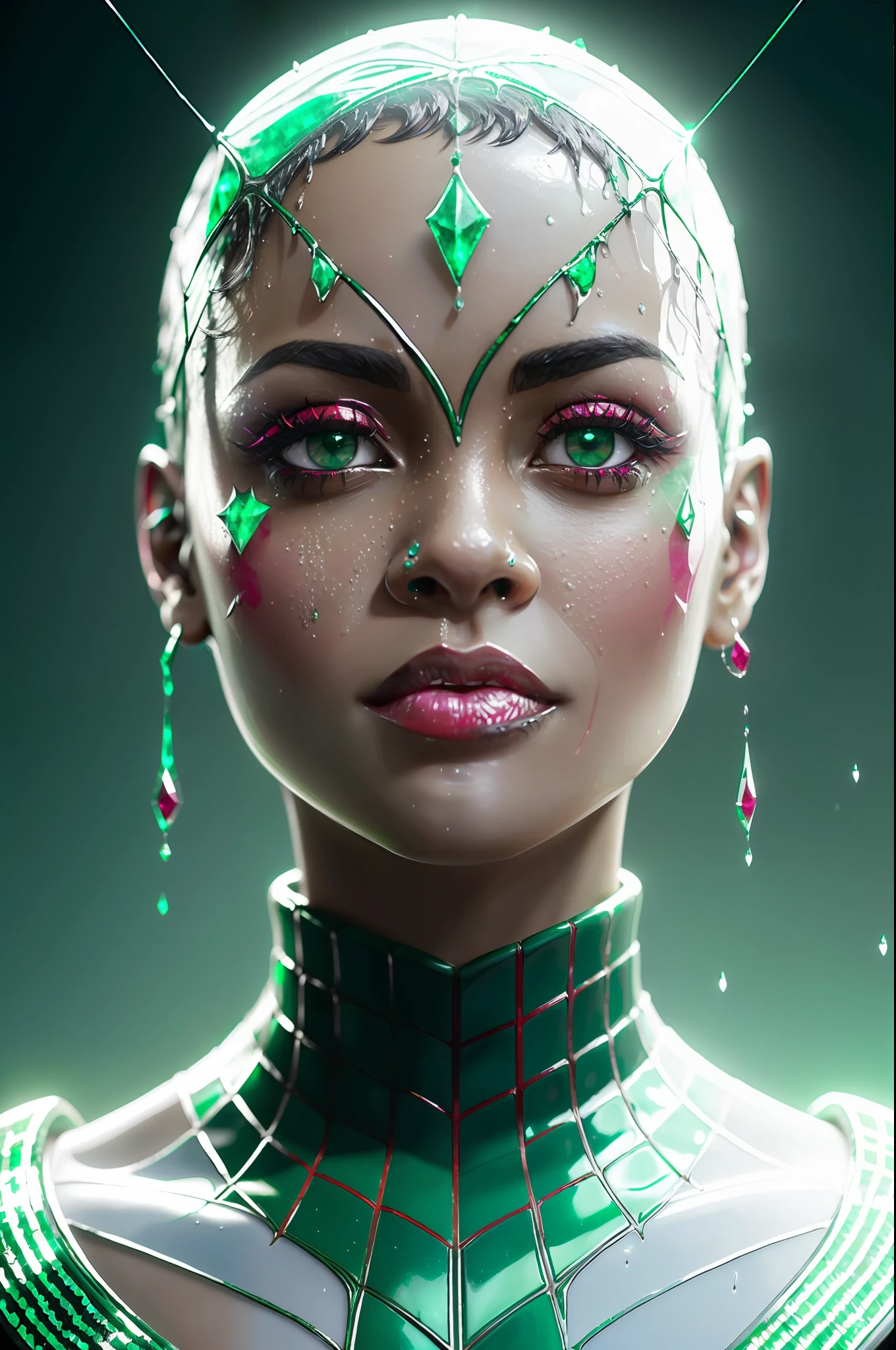 (((left eye is ruby, right eye is emerald))), ((emerald and ruby)), (((beaultiful ebony girl))), spiderman, drip suit, heavy rain, magical, 4k, porcelain skin, detailed, 8k, dynamic lighting, white chromatic aberration, waterlogged