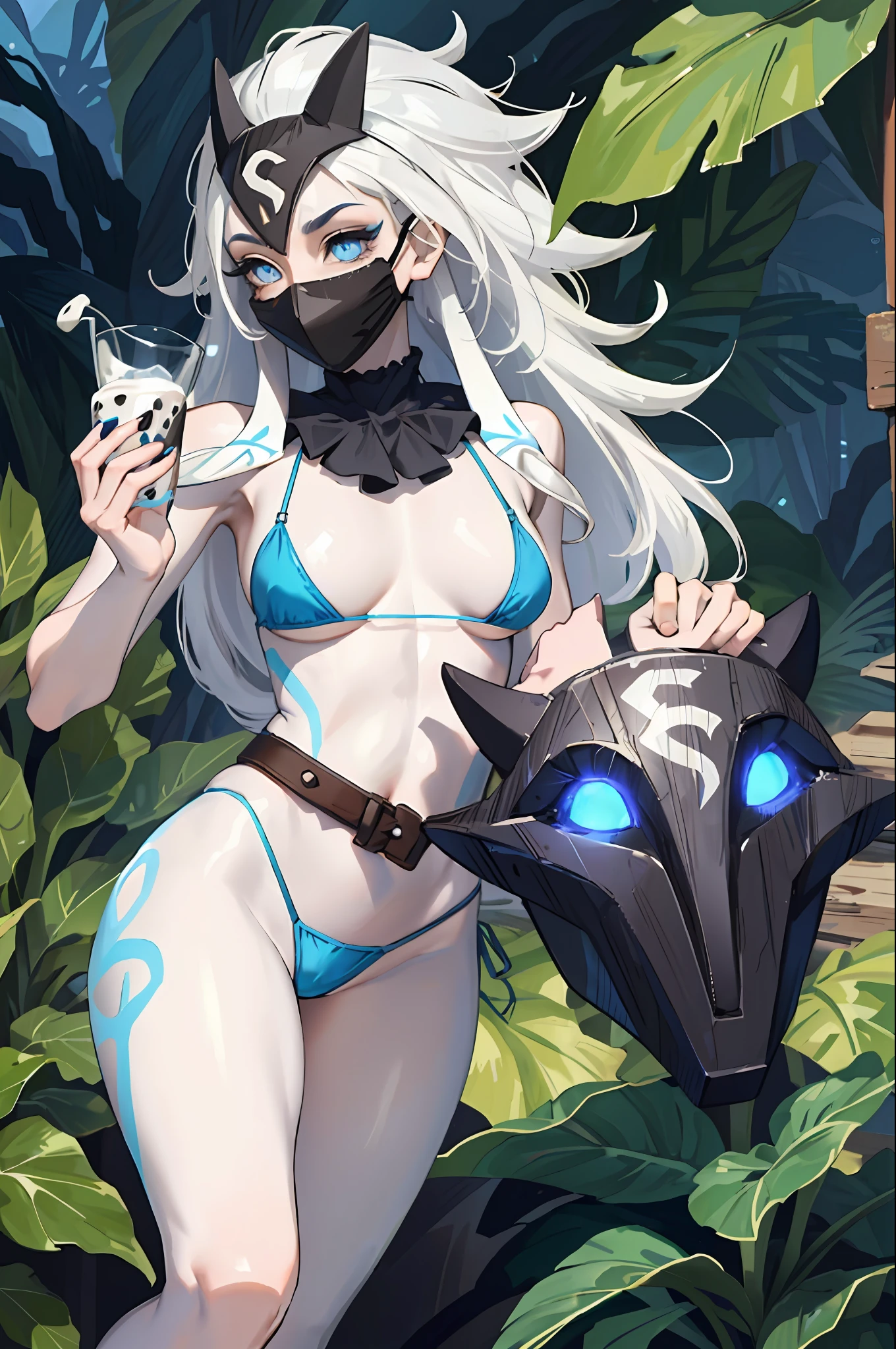 ((Cinematic light, Best quality, 8k, Masterpiece :1.3)), 1girl, Beautiful woman, (white hair, large breasts:1.3), rope panties, bra :1.2, hopefully falling, seductive open lips,1girl, standing, full body, hairy female, body hair, (white hair, white skin:1.1), chest tuft, digitigrade, white hair, long hair, black mask, (blue eyes, bright eyes:1.4), small breasts, BREAK nature, jungle, magical forest, fantasy forest, grass, purple leaves, plants, bright flowers, rocks, day, sexy, showing off, showing armpits, ((nsfw)), ((sexual teasing)), ((((golden micro-bikini))), (((mask covering part of the face))), (( thin waist)), skinny, ((((mask full of milk))), ((mask dripping milk))), cummed mask, cum on mask, (((blue lipstick))),