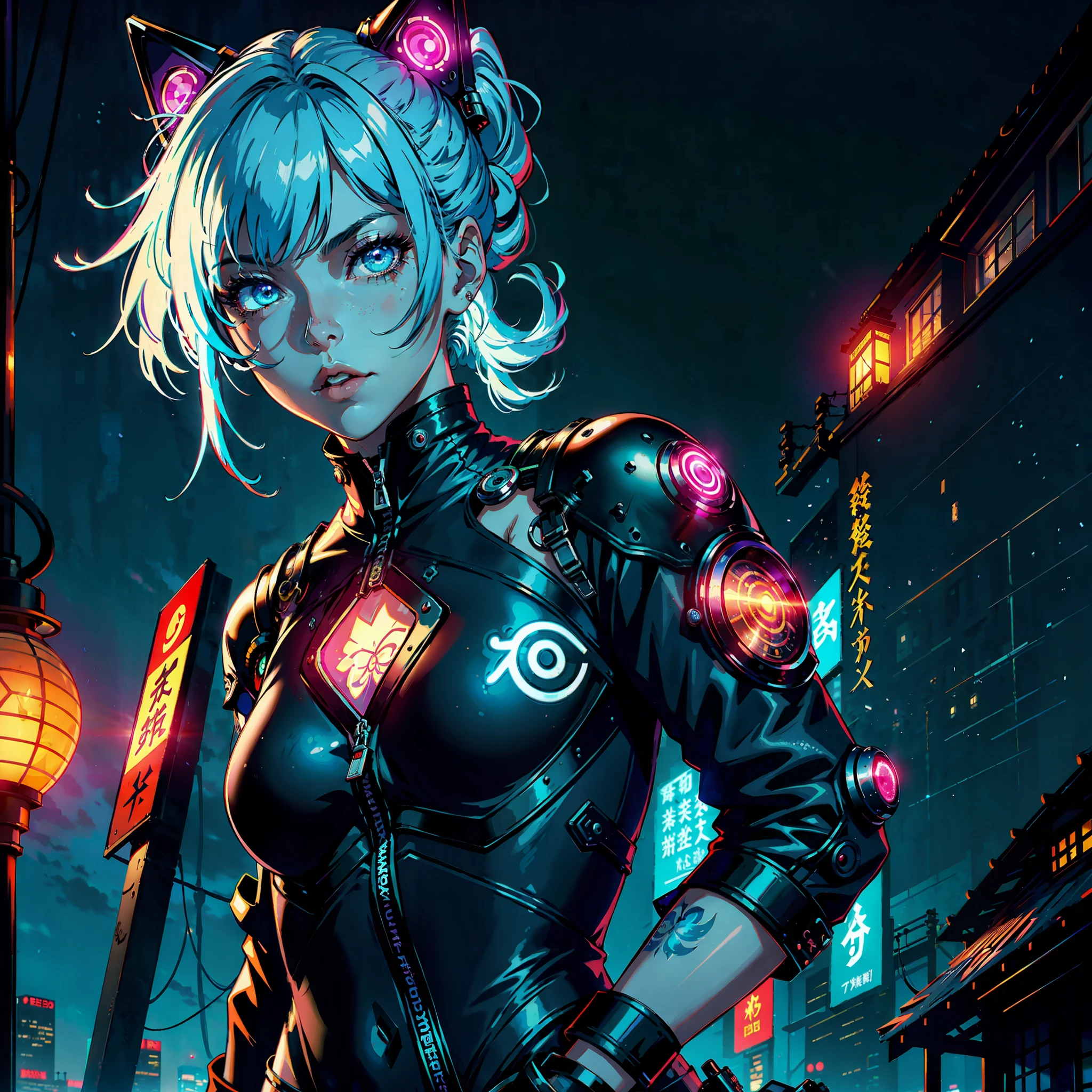 1girl, solo, one girl , tattoo, futuristic outfit, neon samurai, very beautiful cyberpunk samurai, cyberpunk samurai, style of ghost blade, victo ngai cyberpunk style, neon cyberpunk style, cyberpunc, neon cyberpunk, technomancer, video game character, synthwave image, cyberpunk voodoo, neon glow concept art,moon, lantern, night, solo, outdoors, sky, full moon, rain, mountain, cloud, paper lantern, night sky, bangs, tree, reflection, cloudy sky, {{(masterpiece),(extremely detailed CG unity 8k wallpaper),best quality,solo,cinematic lighting,detailed background,beautiful detailed eyes,bright pupils, (an extremely delicate and beautiful),(Beautiful and detailed eye description),ultra-detailed,masterpiece,}}, detailed eyes, beautiful eyes, realistic eyes, nice eyes, perfect eyes, Cat mask on the head