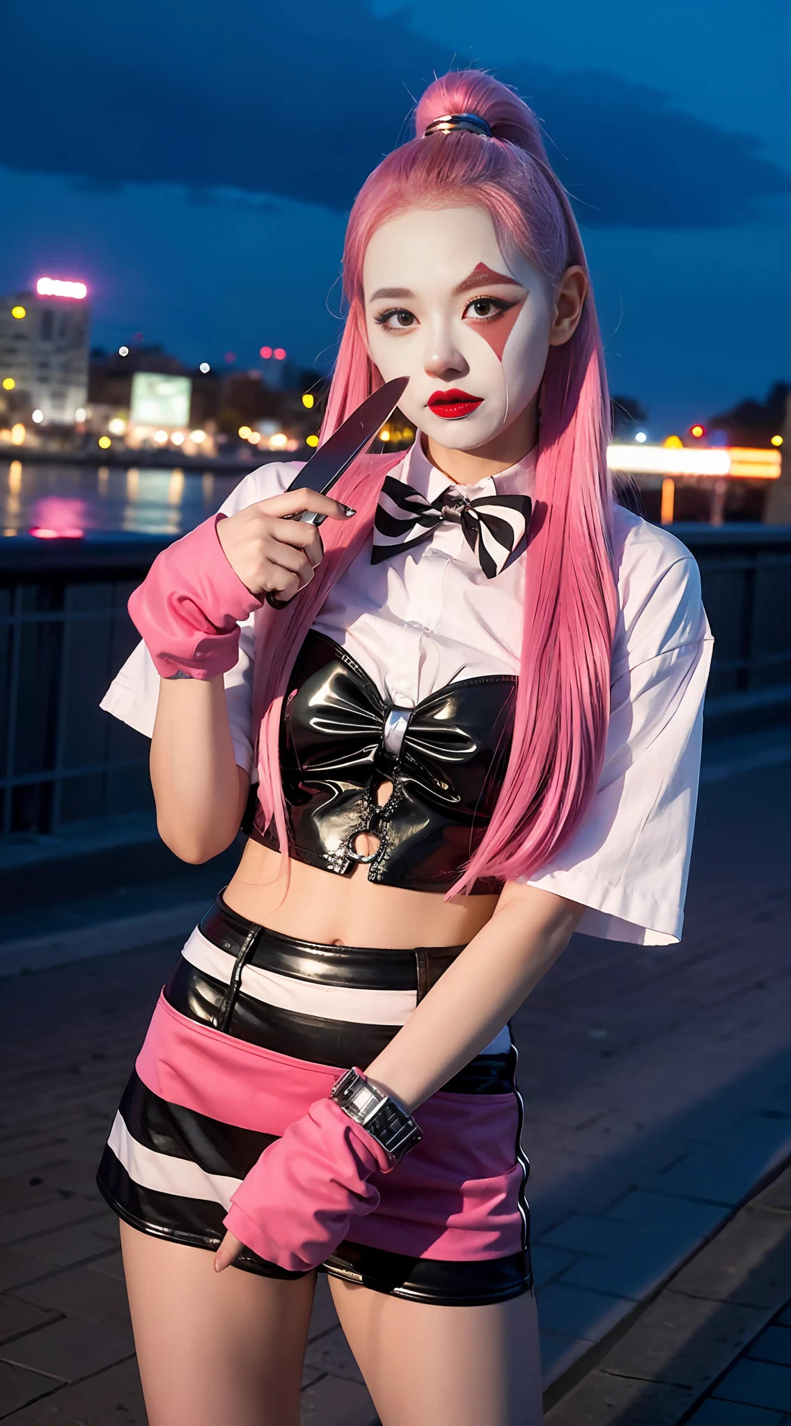 killer, clown makeup, harlequin, 15 years old, holding a knife, roller skates, pink hair color, downtown at night in the background,